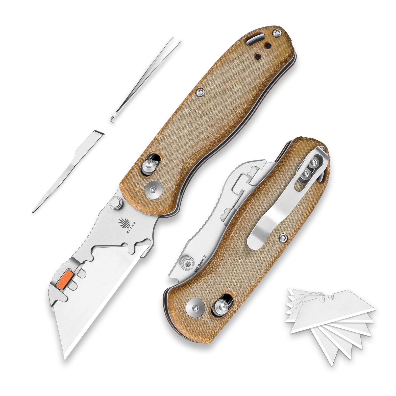 Kizer Uti BEAR 2 (Werkzeuglose Version) Klappmesser, Schnellwechsel-Teppichmesser EDC-Messer mit 5 Stück 7 cm Rasierklingen, Kupplungssperre und Taschenclip Kleine Taschenmesser V3619JA7