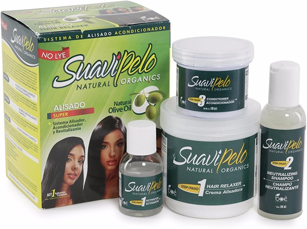 Suavi Pelo Natural Organics No lye hair relaxer kit with extra virgin olive oil (single kit)– relaxer cream, neutralising shampoo, Activator, deep conditioning treatment, guanidine hydroxide relaxer