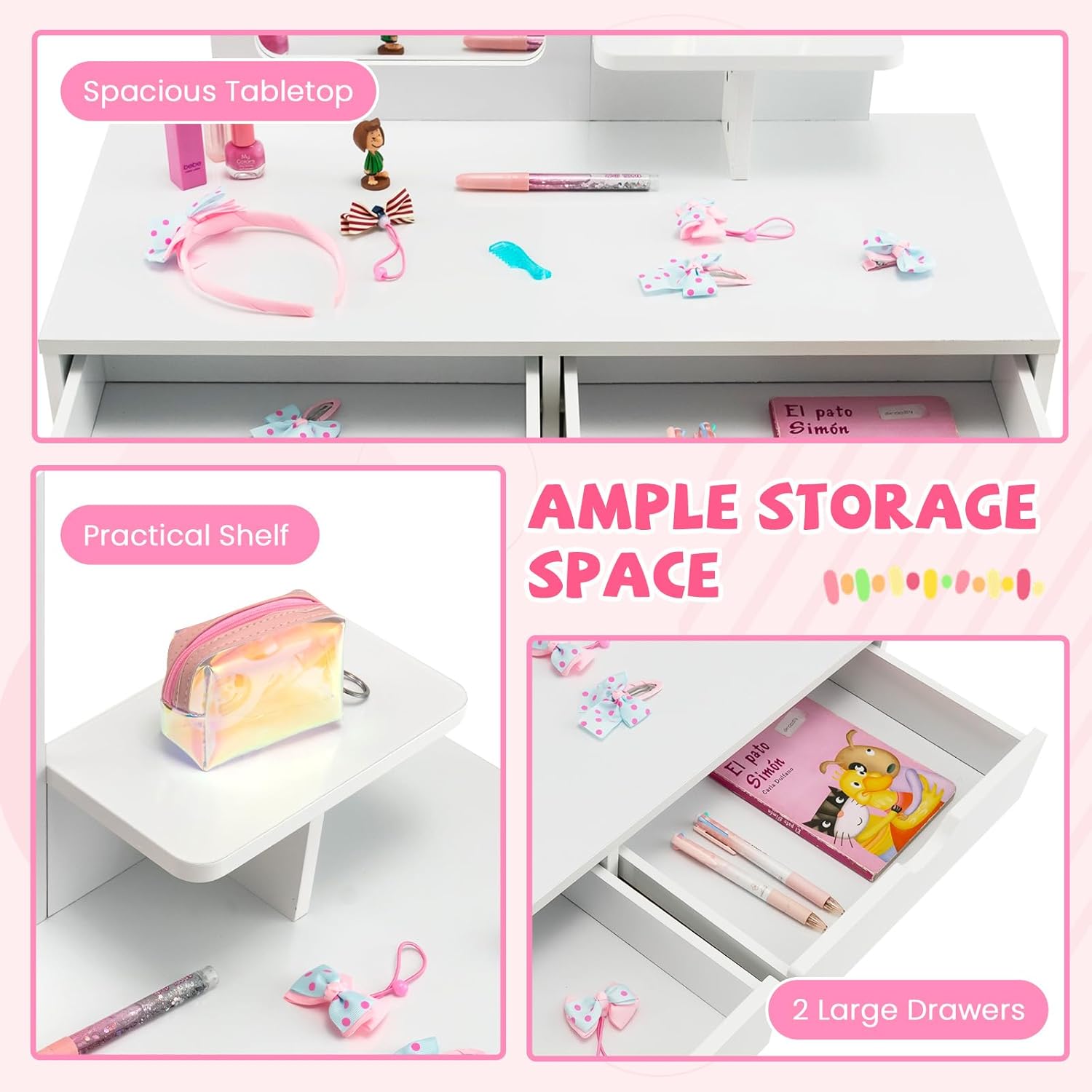 KOTEK Kids Vanity with Mirror and Stool, Princess Makeup Vanity Dressing Table with Detachable Top, 2 Large Drawers, Solid Wood Legs, Vanity Table and Chair Set for Little Girls (White)