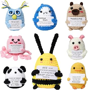 Mini Positive Crochet Animals, Graduation Gifts for Her,Emotional Uplifting Support Positive Pig Shark Pug Panda Owl Duck Octopus with Card,Positive Gifts for Mom Graduation