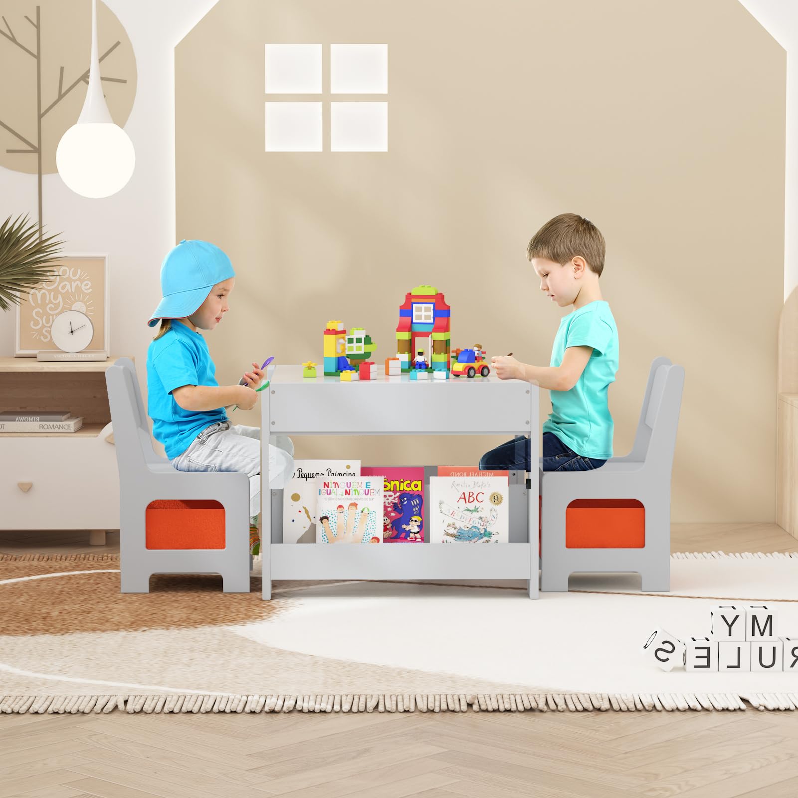 Garvee 4-in-1 Kindertisch und Stuhlset aus Holz – Multifunktional mit beidseitig nutzbarer Tischplatte (Tafel/Whiteboard), Bücherregalen, Schubladen und 2 Stühlen – Viel Stauraum für Kreativität im