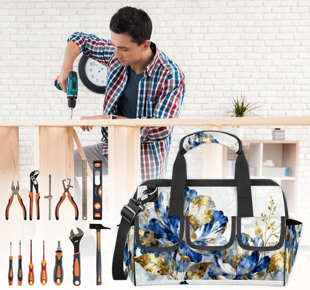 Gilded Peony Flower Tool Bag – Heavy-Duty Multi-Pocket 14+ Pockets (6 Inner + 6 Outer + 2 Side), Removable Shoulder Strap, for Construction,Camping, Travel – 14.8 x 9.1 x 10 Inches