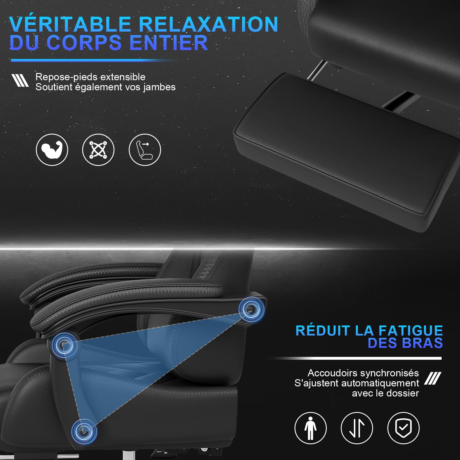 JUMMICO Chaise de gaming ergonomique avec coussin lombaire de massage - Dossier réglable de 90 à 135 ° et repose-pieds - Charge maximale : 150 kg - Noir