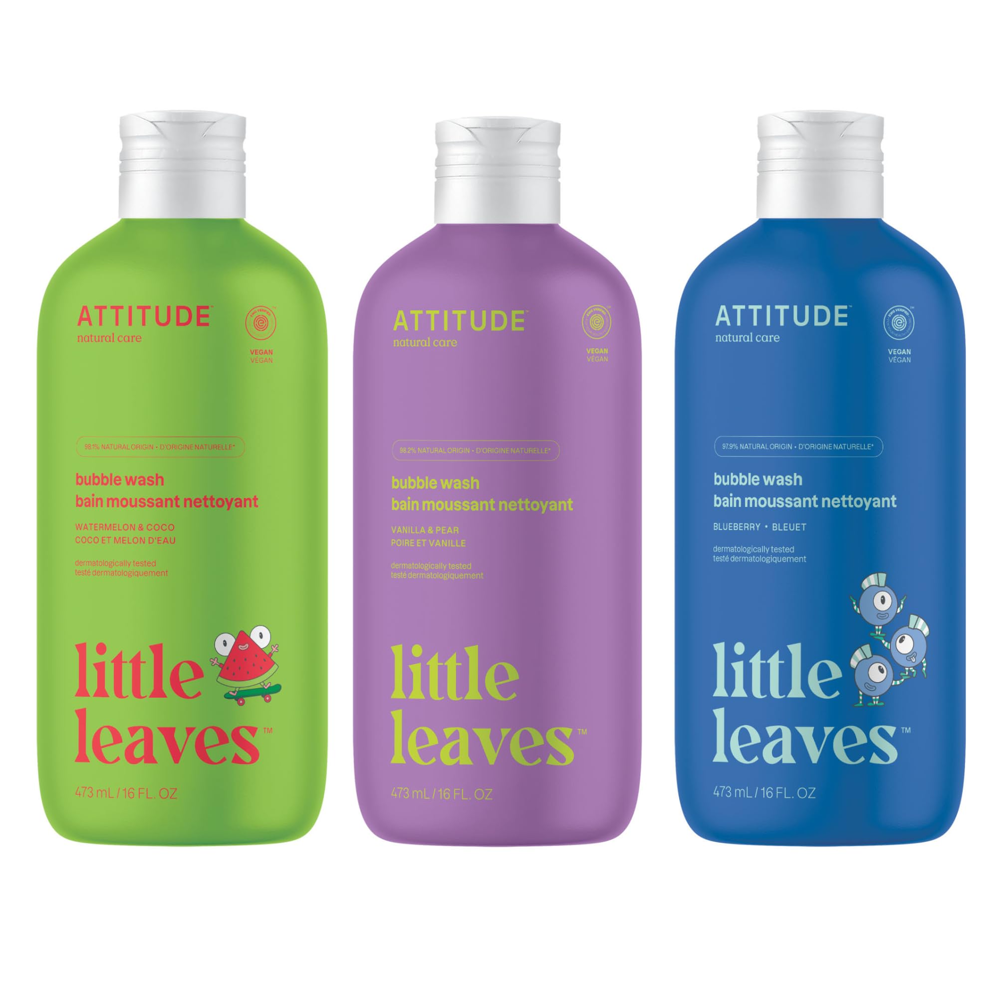 Bundle of ATTITUDE 3 Bubble Wash for Kids, Hair Shampoo and Body Soap, EWG Verified, Plant- and Mineral-Based, Vegan, 16 Fl Oz, Blueberry + Watermelon & Coco + Vanilla & Pear