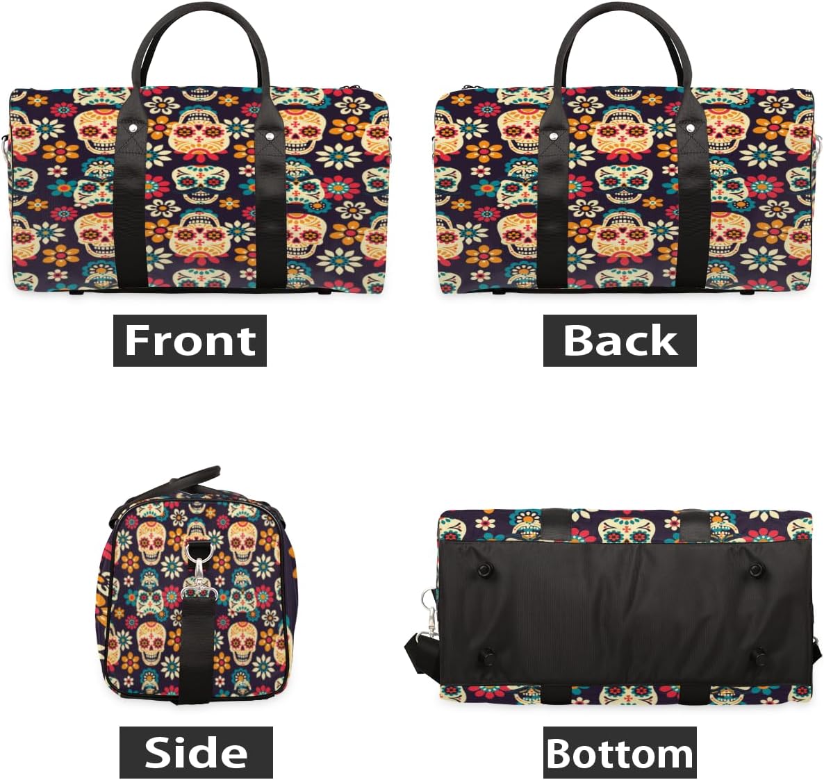 Interesting Flower Skulls Travel Duffel Bag for Women Men Large Capacity Overnight Weekender Bags for Lightweight Waterproof Sport Gym Bag for Workout Yoga Swim