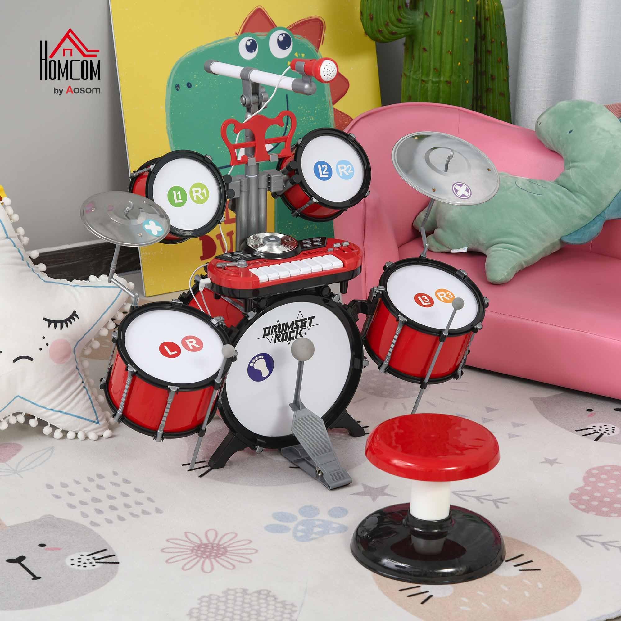 HOMCOM Set Batteria per Bambini con Strumenti Musicali, Batteria Jazz con 5 Tamburi e Sgabello, Giocattolo Musicale Educativo per Bambini, Effetti Sonori e Microfono Giocattolo, 77.5x40x76.5cm, Rosso