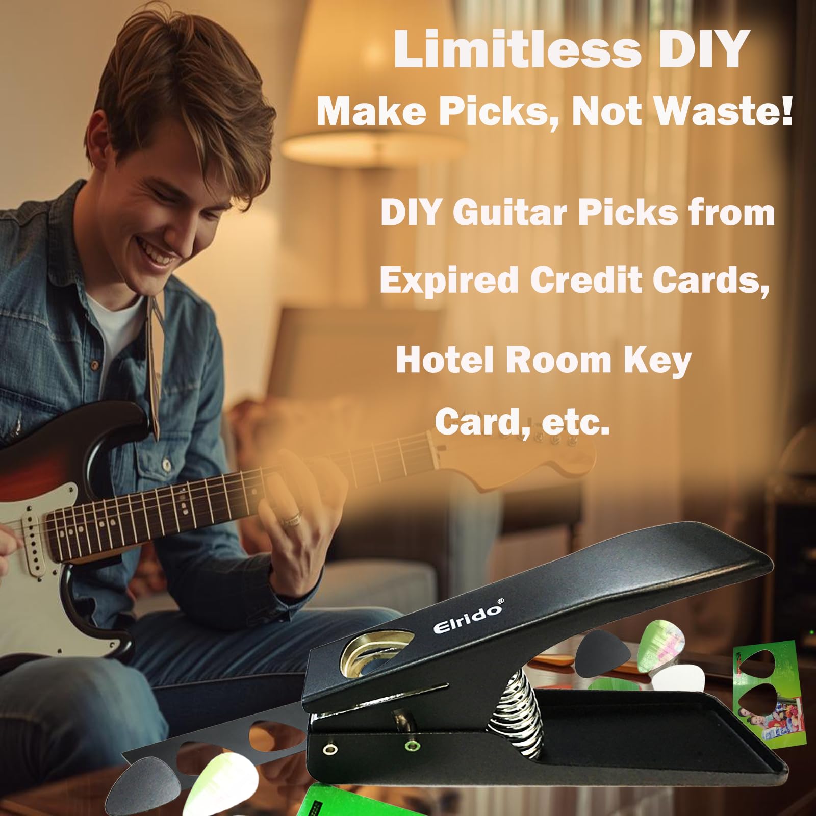 Elrido DIY púas de guitarra para hacer tus púas de guitarra infinitas, con 2 tiras de púas y soporte de púas de cuero – Kit de herramientas de púas de guitarra cortador de púas