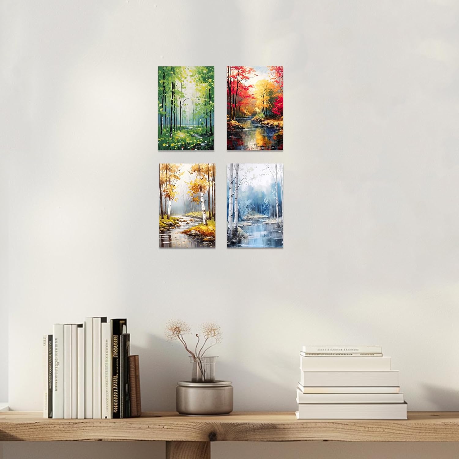 SWQYLB 4 Seasons Canvas Wall Art Spring Summer Autumn Winter Picture 4 Pieces Nature Landscape Painting Forest Prints for Living Room Home Decor Framed (Blue, (12x16inchx4 Pieces))