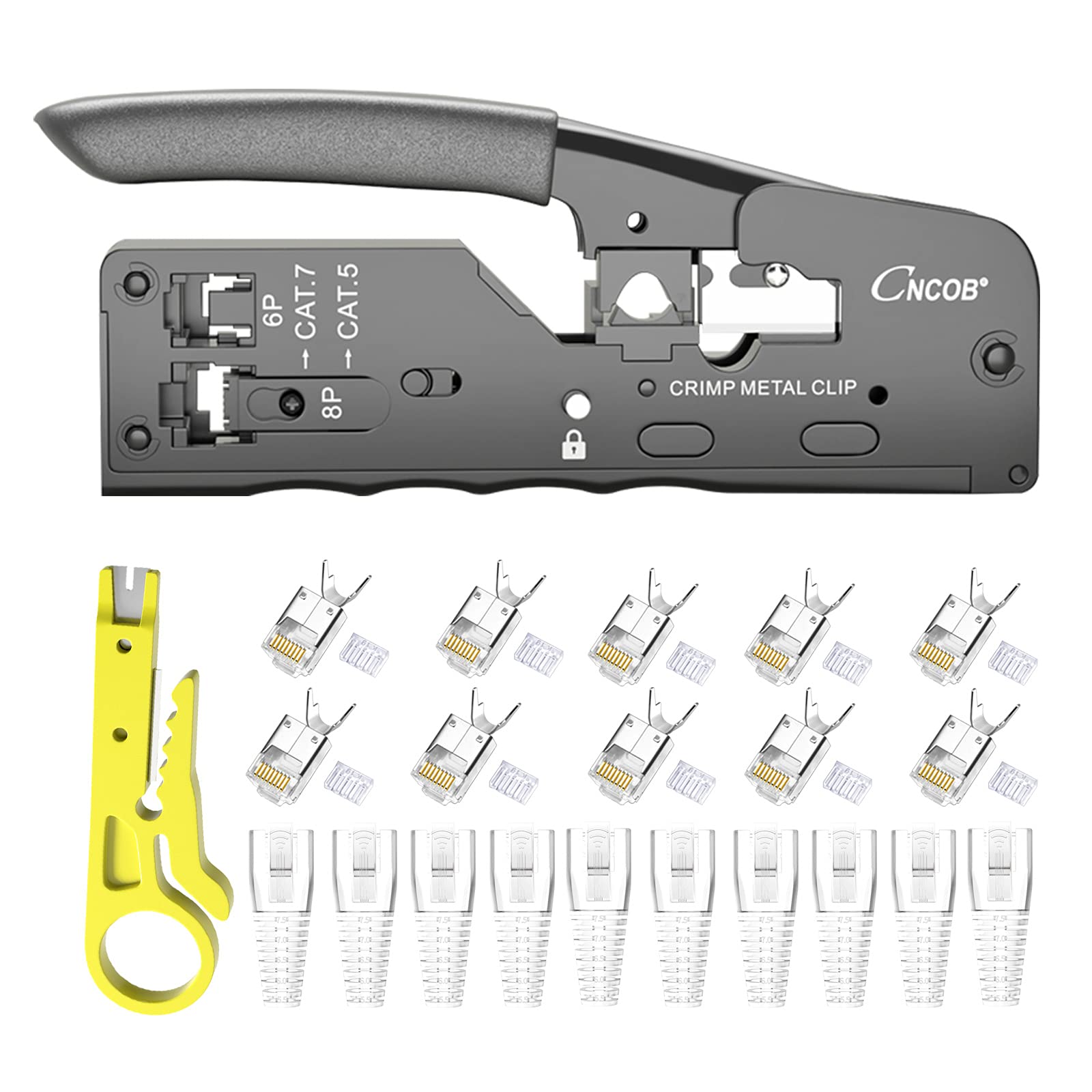 RJ45 Crimp Tool (not Pass Through), CNCOB All-in-one Wire Crimper / Wire Cutter / Wire Stripper for RJ-45 Plugs or RJ11 RJ12 Crystal Head, 10pcs FTP Cat6 Connetors & 10 transparent Connector Boots