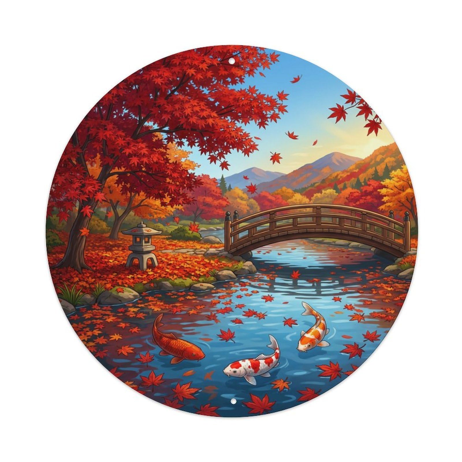 Tgrcjimh Style Metal Tin Sign Japanese Koi Fish Crimson Maple Peak Autumn