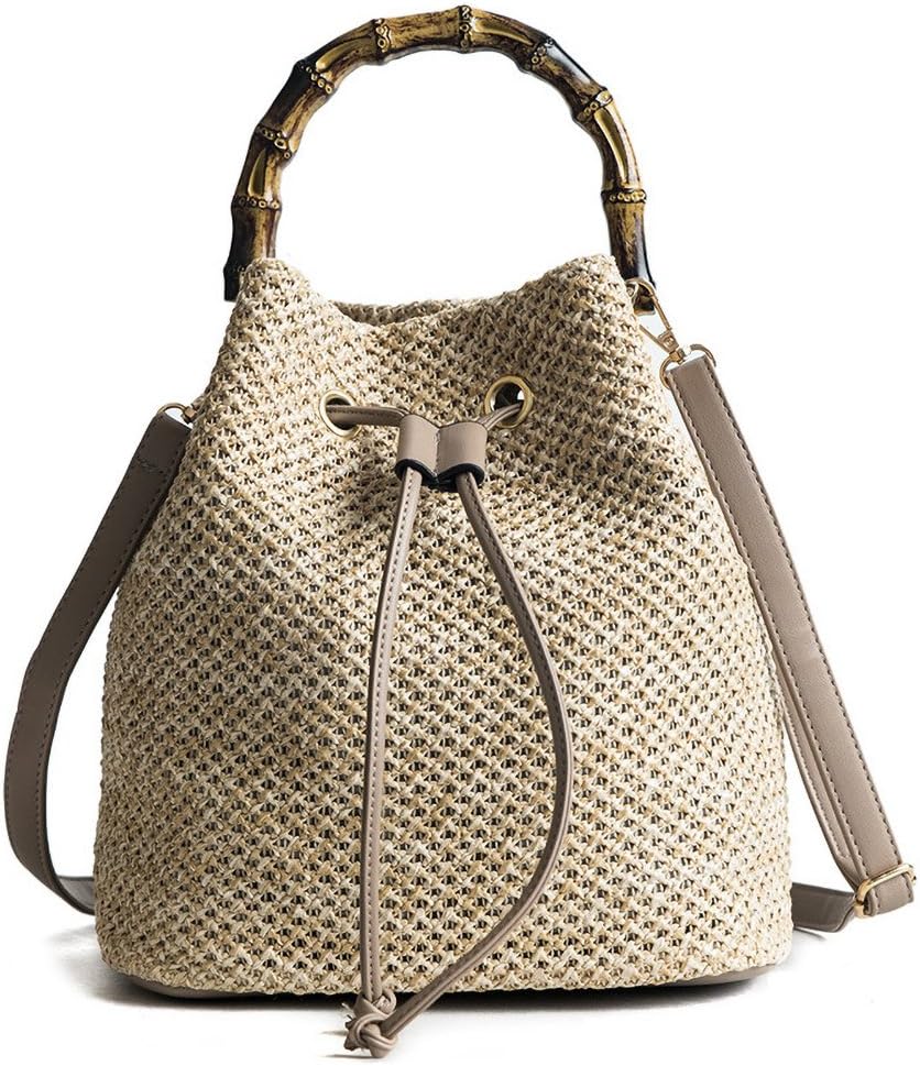 QZUniqueStraw Bucket Bags for Women Top Handle Drawstring Woven Handbag Shoulder Bag Summer Beach Purses with Bamboo Handle