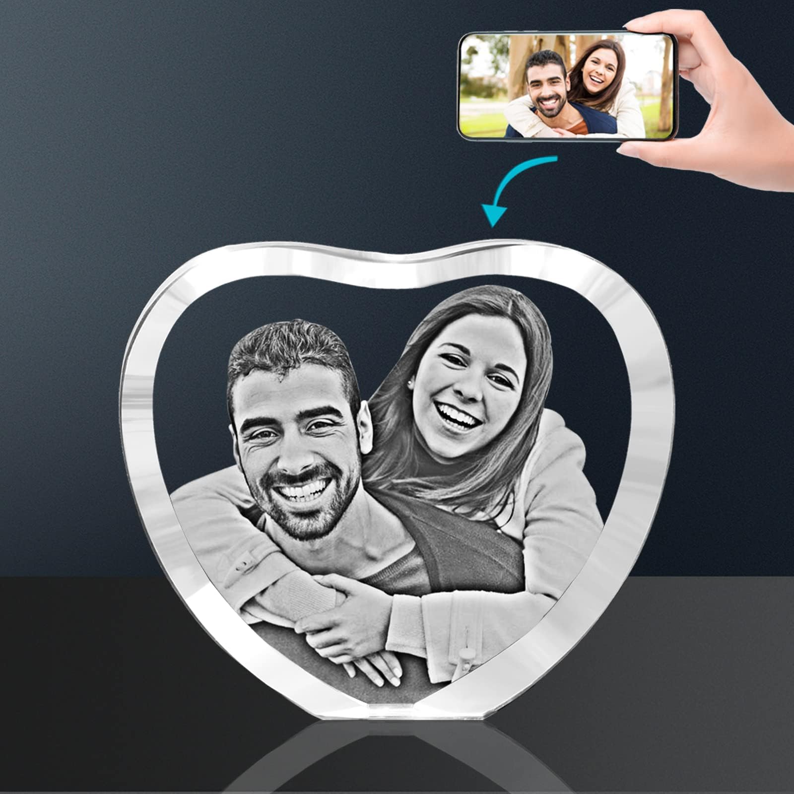 QIANRUNA Personalized Custom 2D Laser Engraving Etched Crystal Glass Photo Picture Heart Block Present for Christmas Day,Valentine's Day, Wedding, Motherโs Day, Fatherโs Day, Anniversary