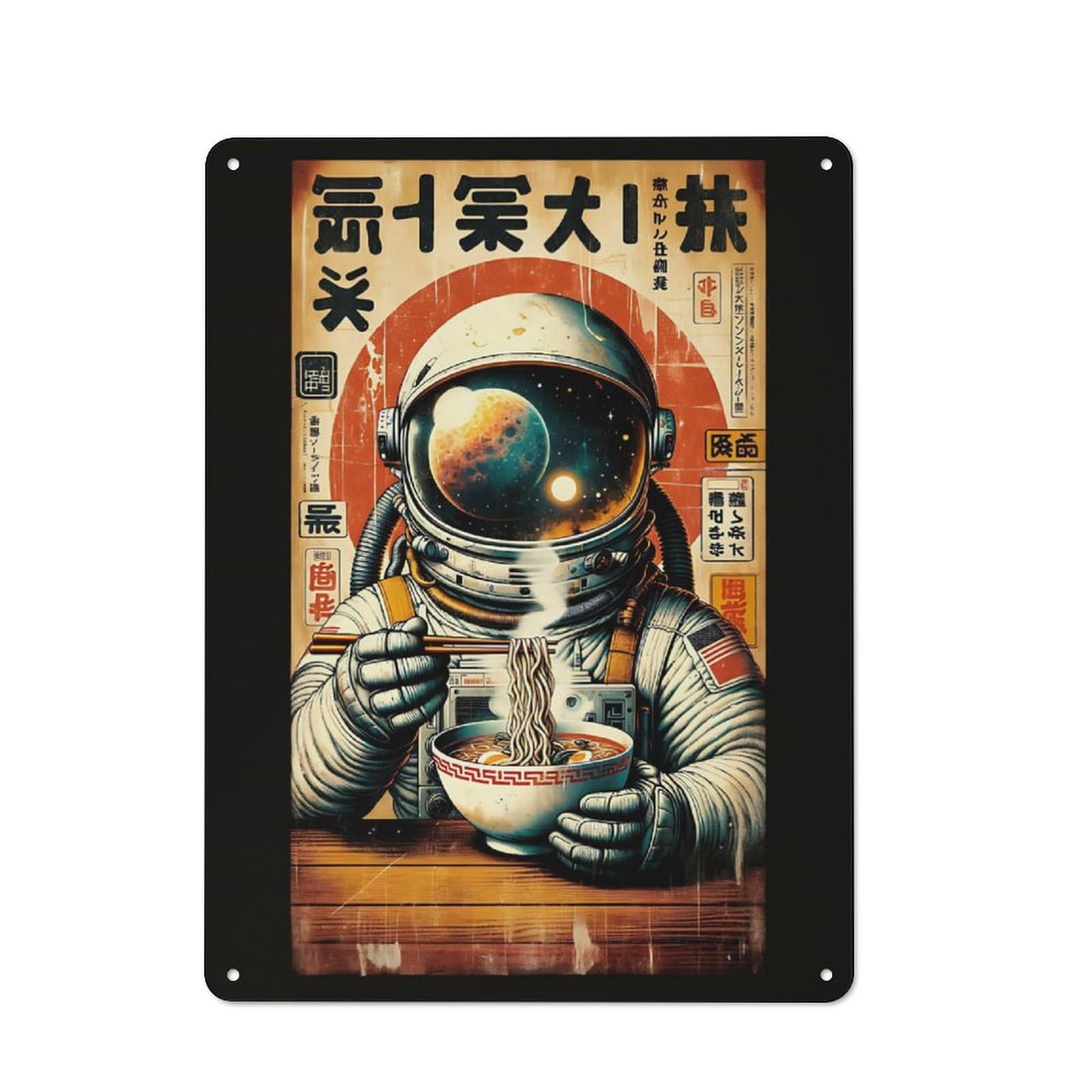 Junmoney Astronaut Eating Ramen In Space Metal Wall Sign 40X30cm, Retro Decor For Pub Or Café, For Vintage Wall Decor Fans, For Garage And Workshop Walls