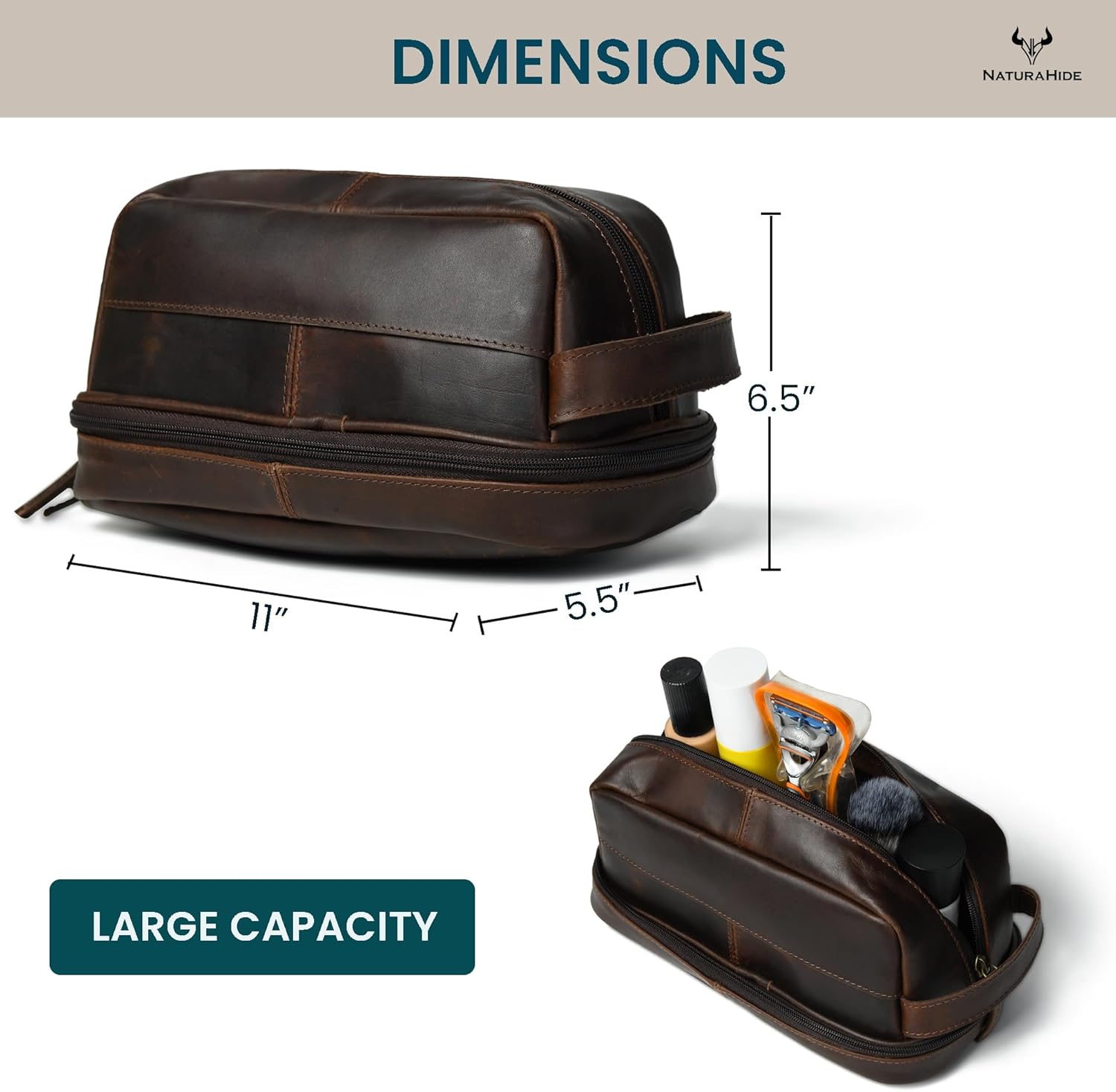 Leather Toiletry Bag – Full Grain Cowhide, Travel Kit with Brass Zipper & Wax Thread Stitching Capacity 1L