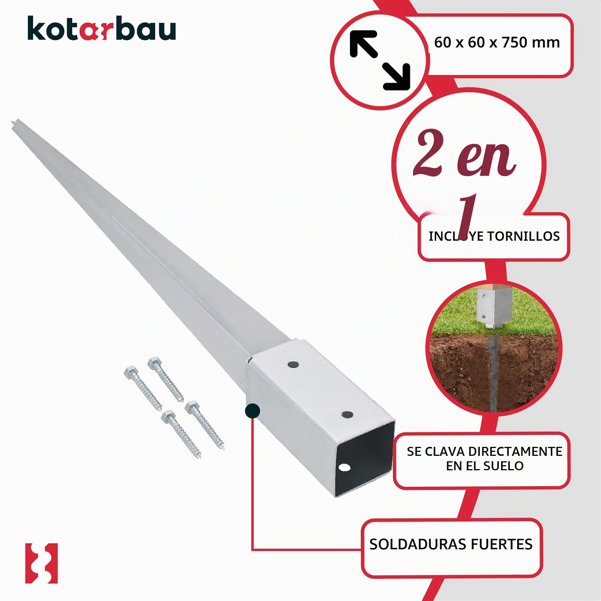 KOTARBAU® Set de 4 Unidades Soporte Poste Madera - Acero Galvanizado - 75 cm - Plata - Soporte para Clavar en Tierra - 61 x 61 mm - Piqueta para Poste - con Punta - Resistente a la Corrosión
