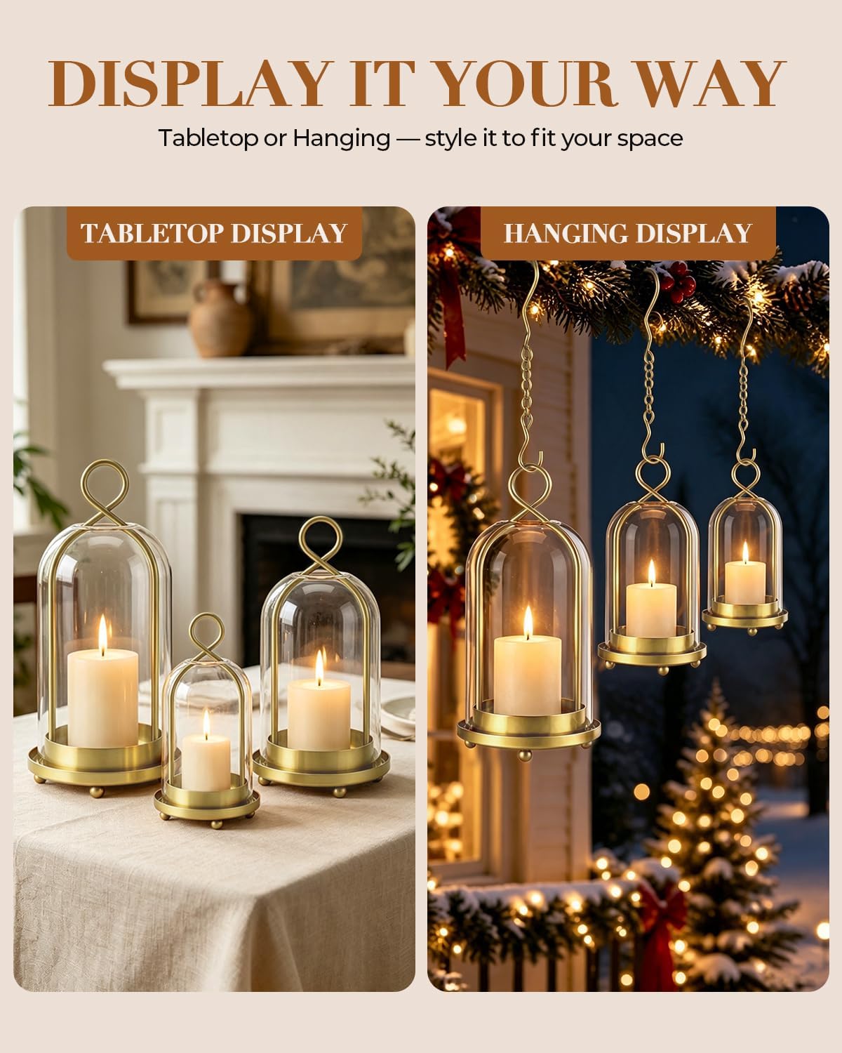 5.9"4.9"4.3" Brass Candle Holder Hurricane Glass 3-Piece Table Decor
