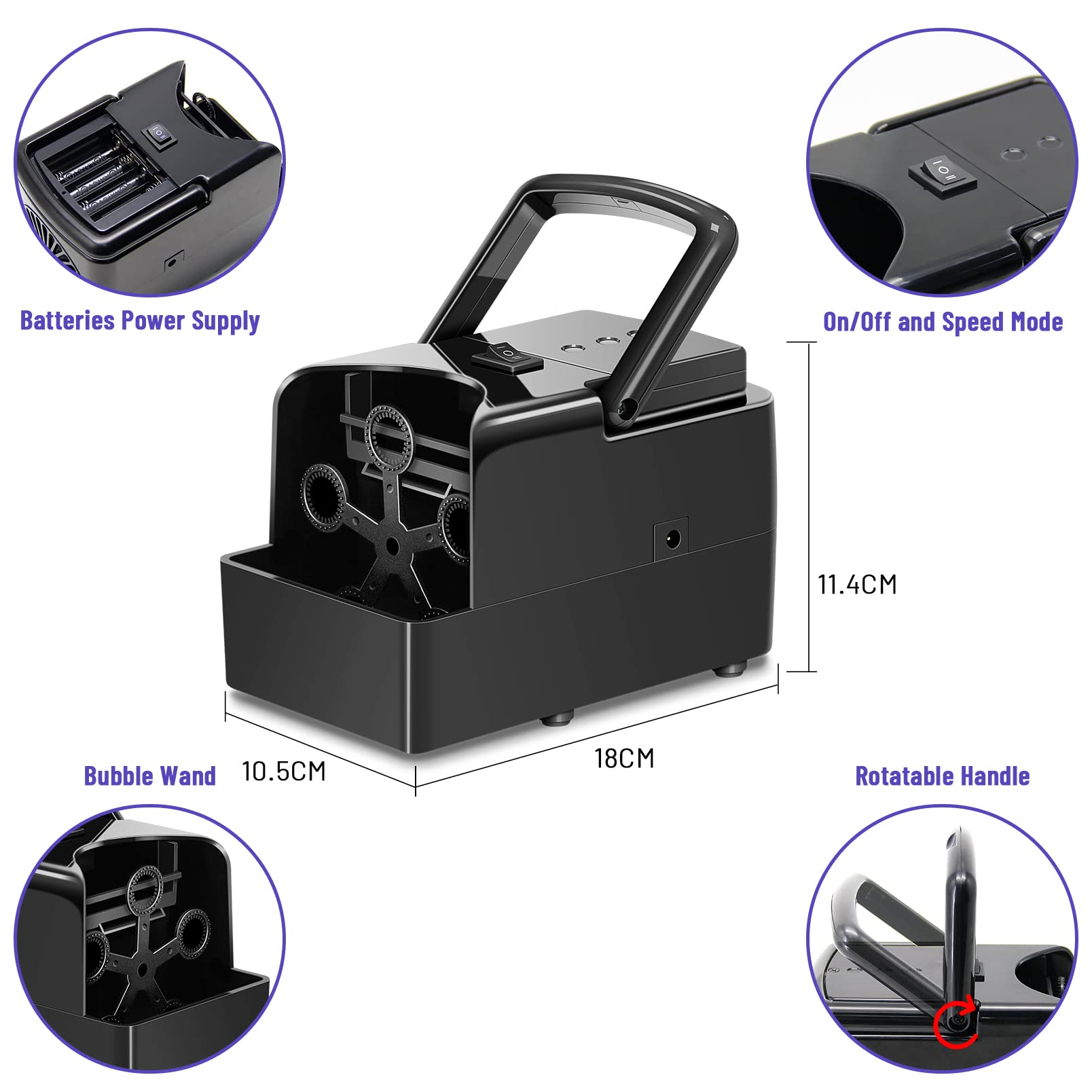 Machine à bulles, souffleur de bulles automatique, créateur de bulles portable, prend en charge plus de modes d'alimentation (Plug-in/Piles/Power Bank) et deux niveaux de vitesse