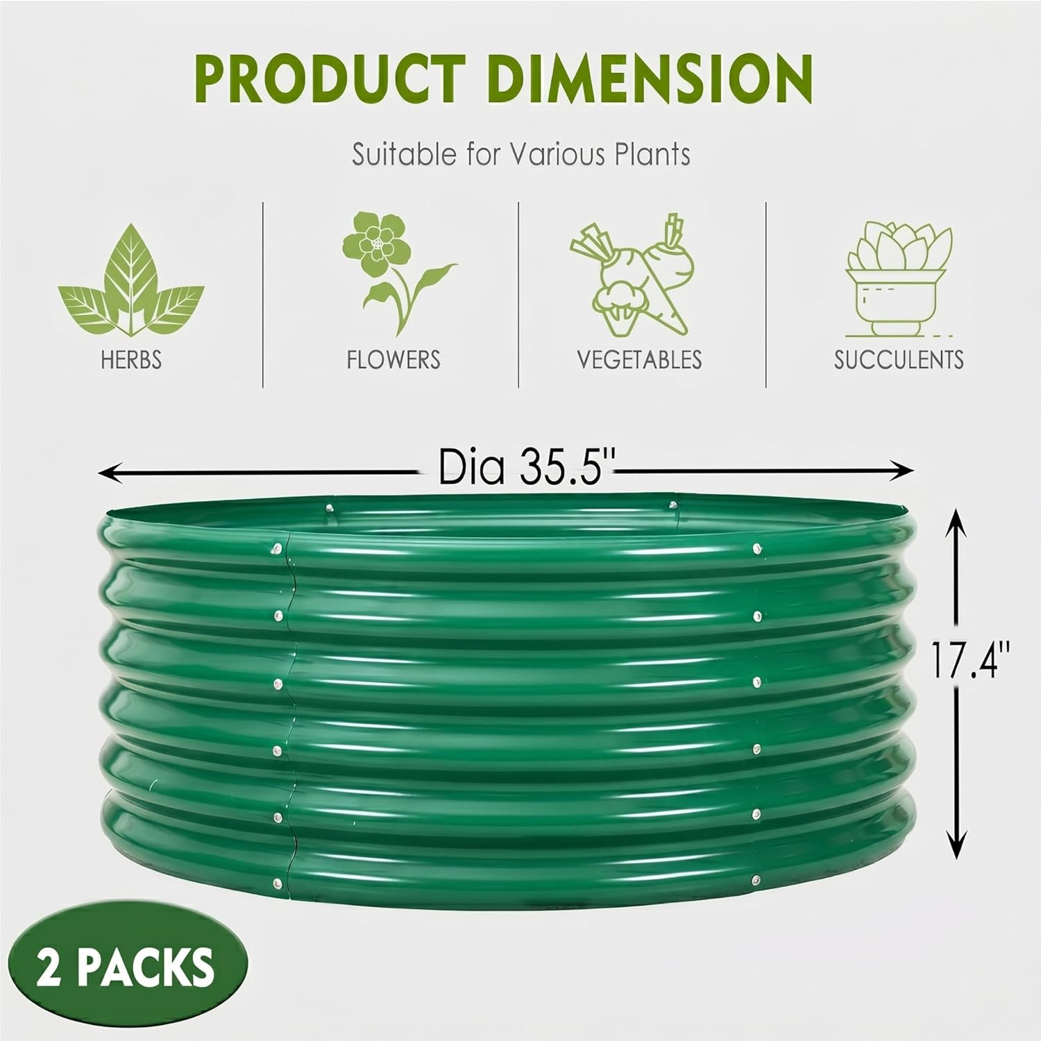 2Pcs 3X3X1.5 Ft Round Galvanized Raised Garden Bed Kit, Green Outdoor Planter Garden Bed, Metal Raised Box for Fruits, Vegetables and Herb, Fire Pit Rings