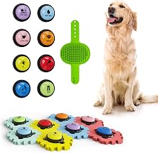 Dog Buttons for Communication, 8 Pack Recordable Talking Buttons for Dog Training with 30s Voice Recording, Includes Non-Slip Mat & Dog Bath Brush as Present for Pet Owners