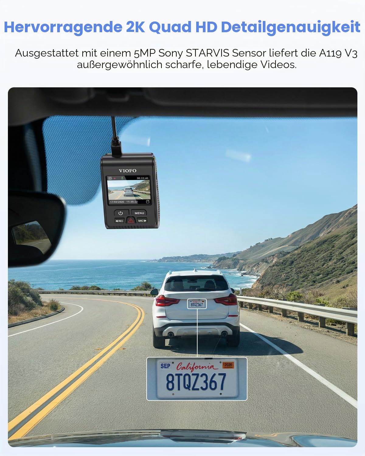 VIOFO A119 V3 Dashcam 2K 60fps GPS 24h Parkmodus Frontkamera 2560x1600P Quad HD IMX355 5MP HDR Nachtsicht Mini Dash Cam 140° Weitwinkel