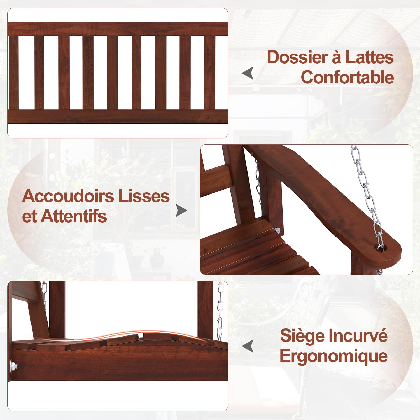 GOPLUS Balançelle Jardin 2/3 Places Extérieur Chaise Hamac Suspension Bois 230/360KG 136x67x63CM Marron