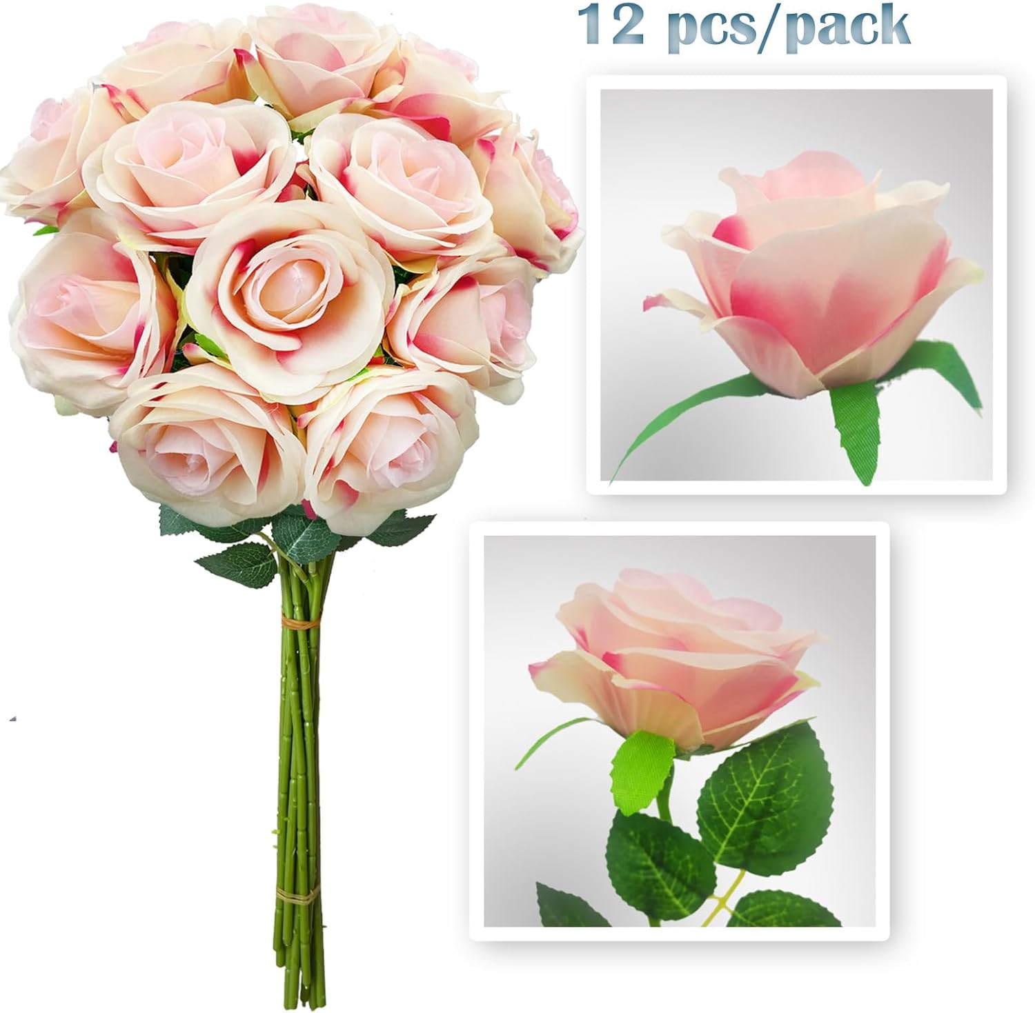 12 PCS Rose Artificial Silk Flowers, Fake Roses with Long Stems Realistic Faux Rose Flower Bouquets for Home Wedding Decoration Party-Gradient Pink - Image 3