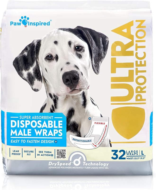 Fraldas Descartáveis para Cães Machos Paw Inspired, Tamanho Grande, Pacote com 32