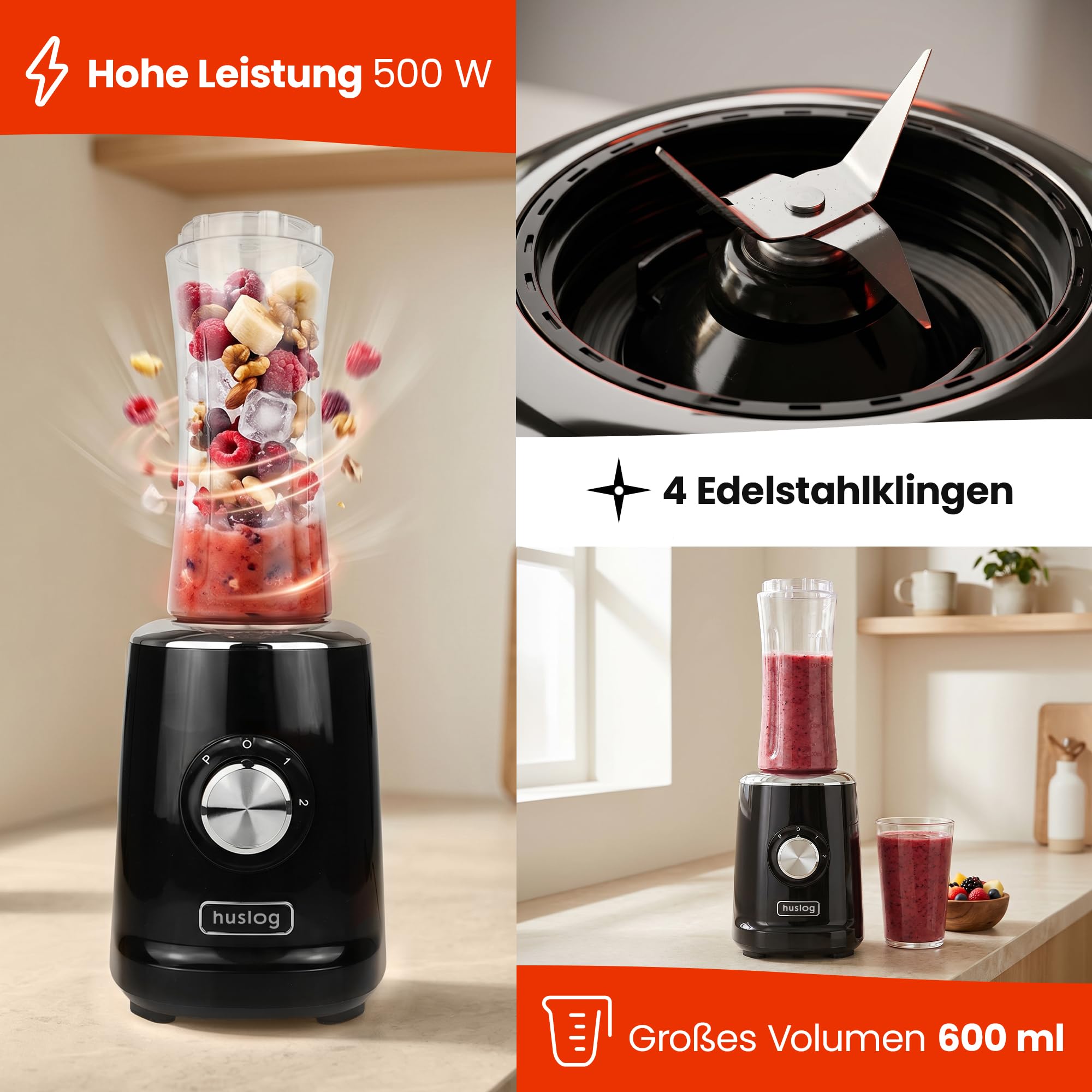 Blender Smoothie 500W, 4 Edelstahlklingen, 600ml Blend & Go Flasche, 2 Geschwindigkeiten+Pulsfunktion, Rutschfeste Basis, Überhitzungsschutz, Standmixer für Smoothies, Proteinshakes, Schwarz