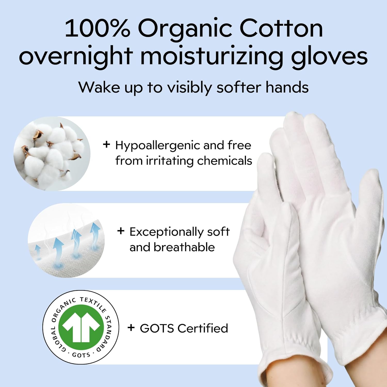Clearbody Organics 100% Organic Cotton Gloves for Dry Hands Sleeping - Breathable Cotton for Eczema - Moisturizing Gloves Overnight (5 Pairs, Size M)