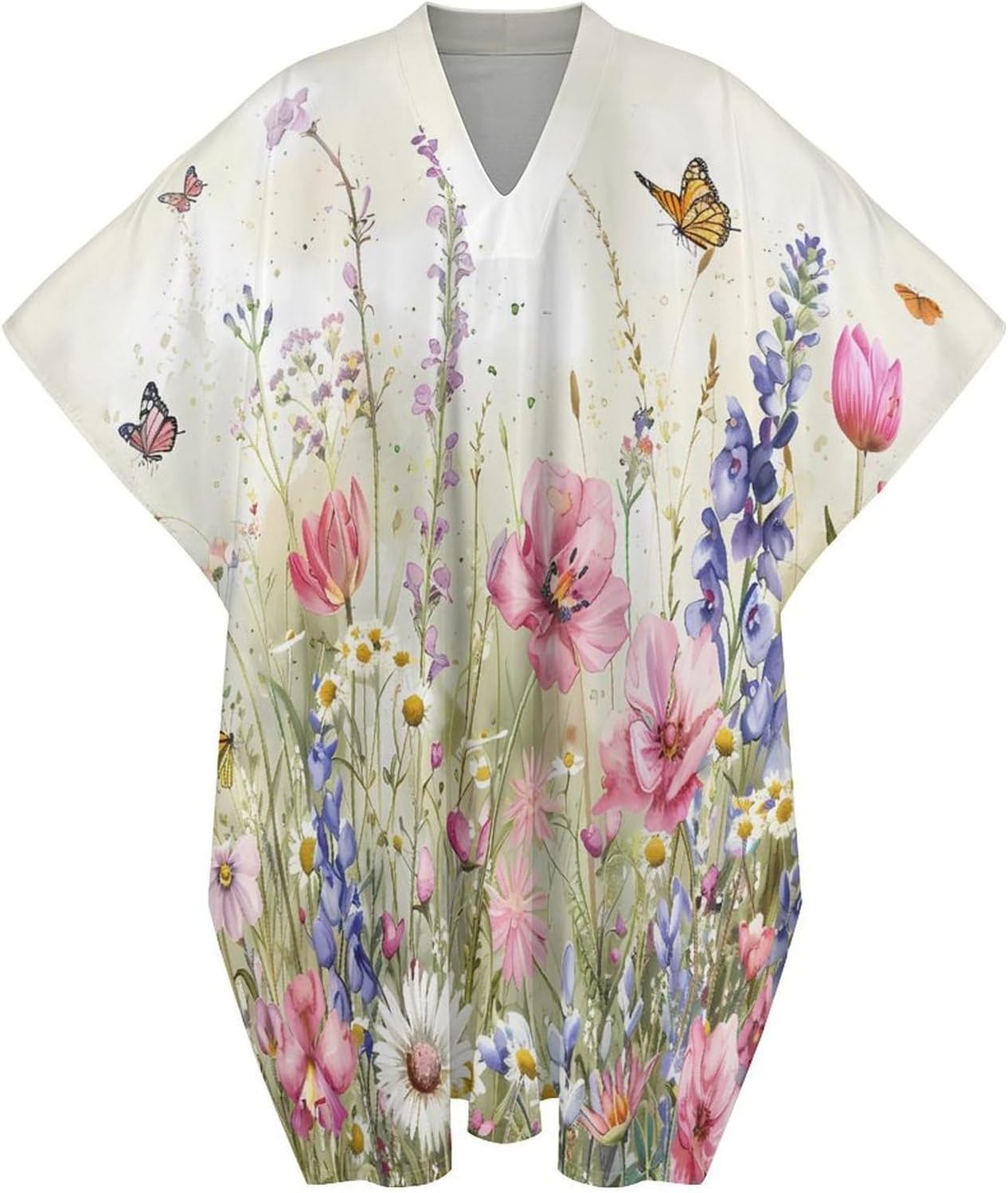 Watercolor Flowers Butterflies Men's Kaftan Thobe V-Neck Long Gown Loose Robe