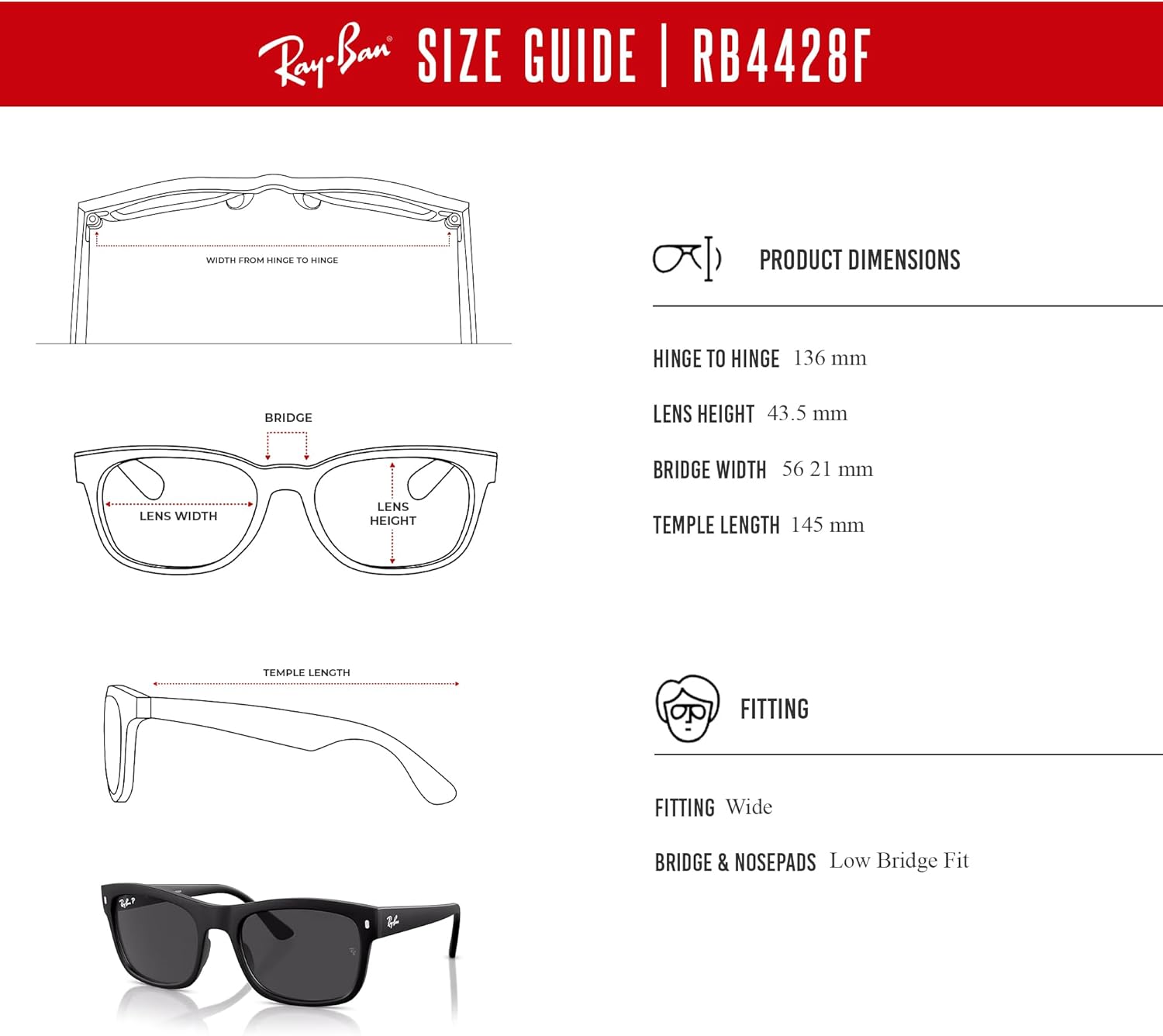 Ray-Ban RB4428F Square Asian Fit Low Bridge Square Sunglasses for Men for Women +BUNDLE with ACCESSORY EYEWEAR KIT