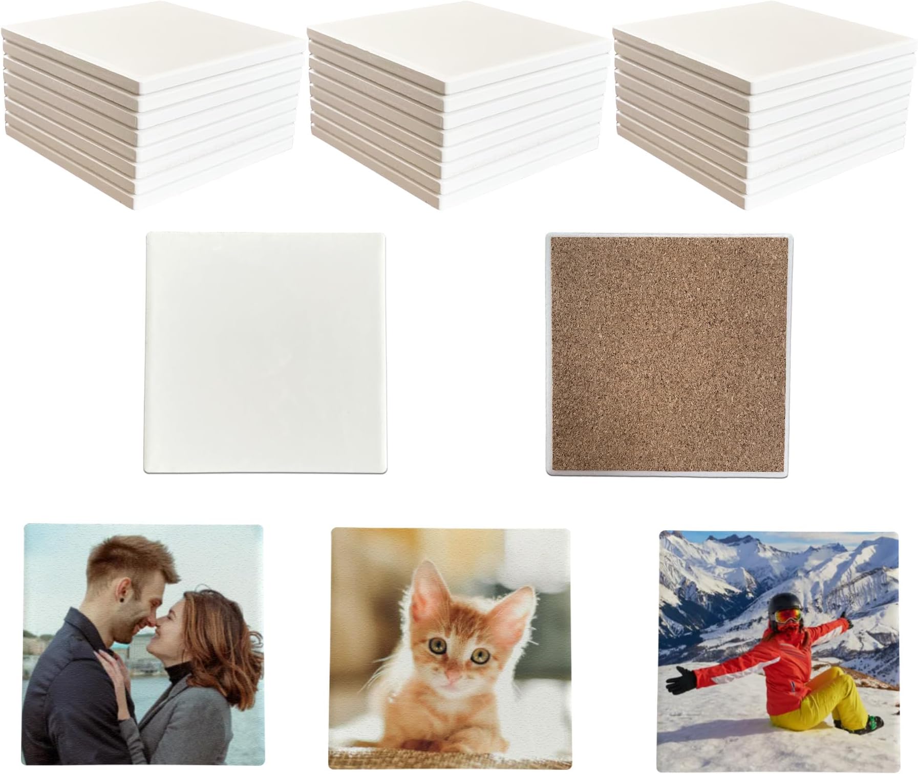 Sublimation Blank Square Ceramic Coasters, Glazed Ceramic Tiles Coasters, Ceramic Tiles with Cork Backing Pads for Painting, DIY Crafts, Mosaics, Sublimation (24 PACK)