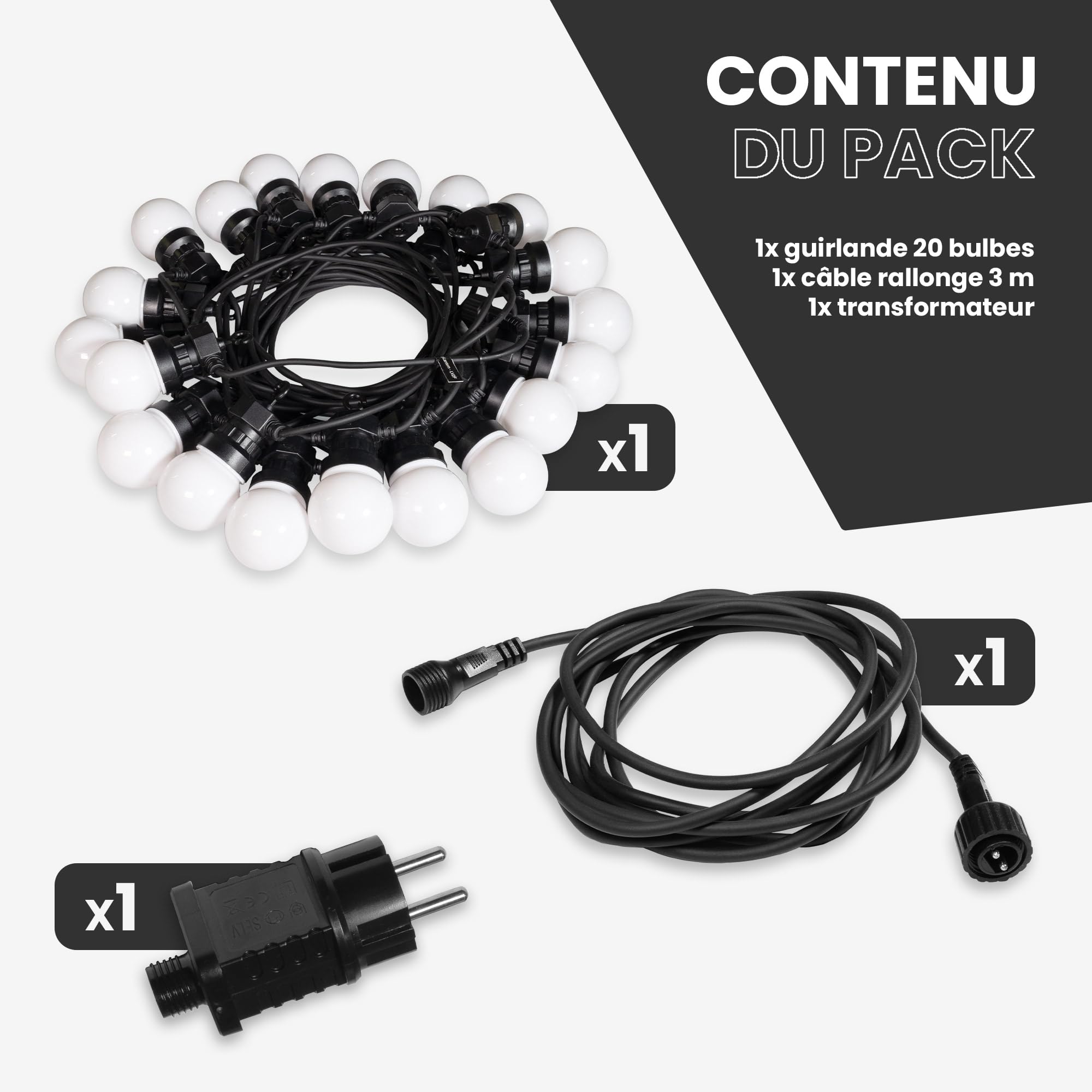 Guirnalda Luces Exterior 10M 20 Bombillas LED Blanco Cálido - Guirnalda Luminosa IP44 Impermeable con Cable 3M - Decoración Jardín Terraza Fiestas