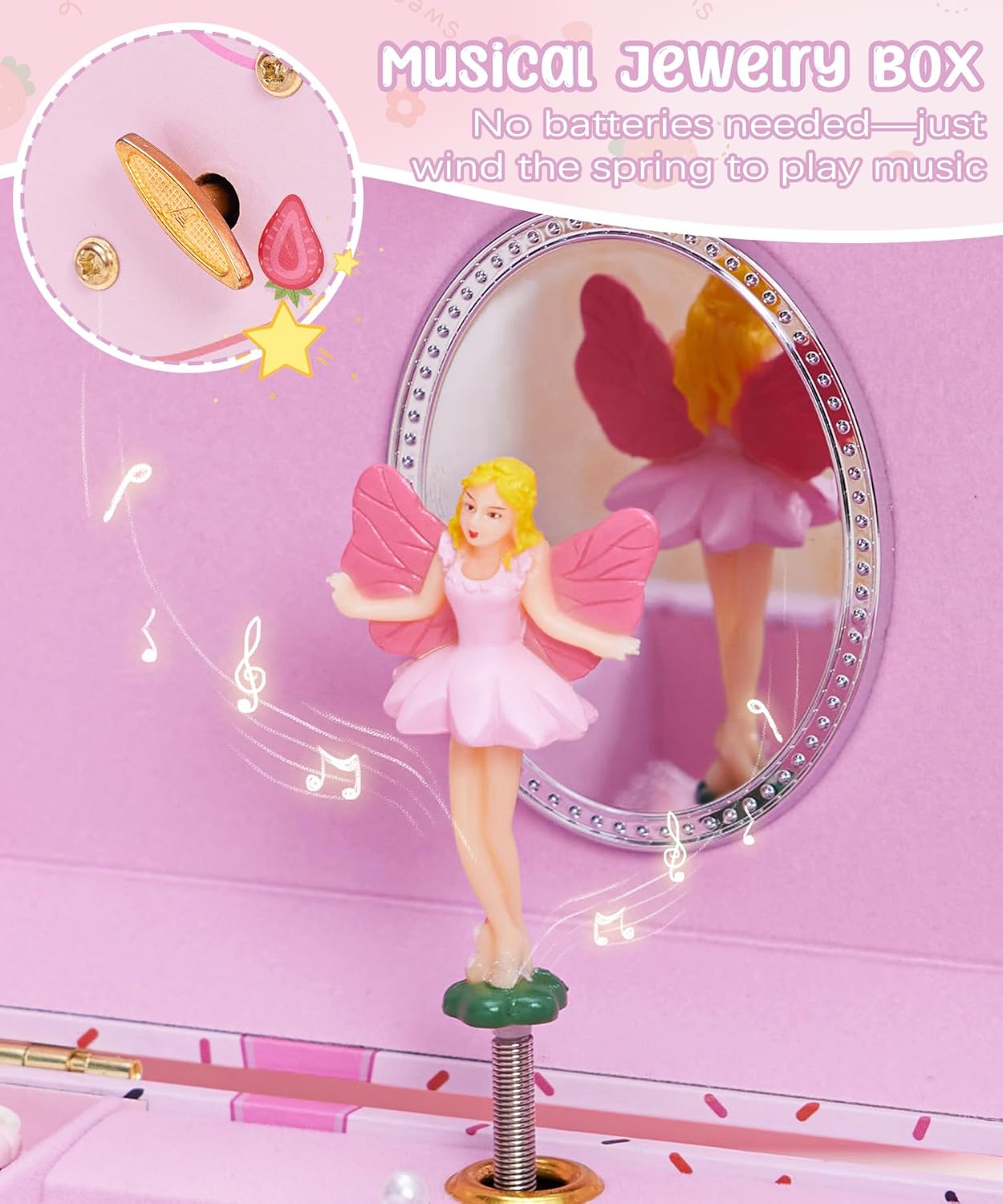 Homde Music Jewelry Box for Girls: Pink Fairy Spinning Musical Organizer for Litter Kids Age 3+ Year Old - Gifts for Christmas Birthday - Image 5