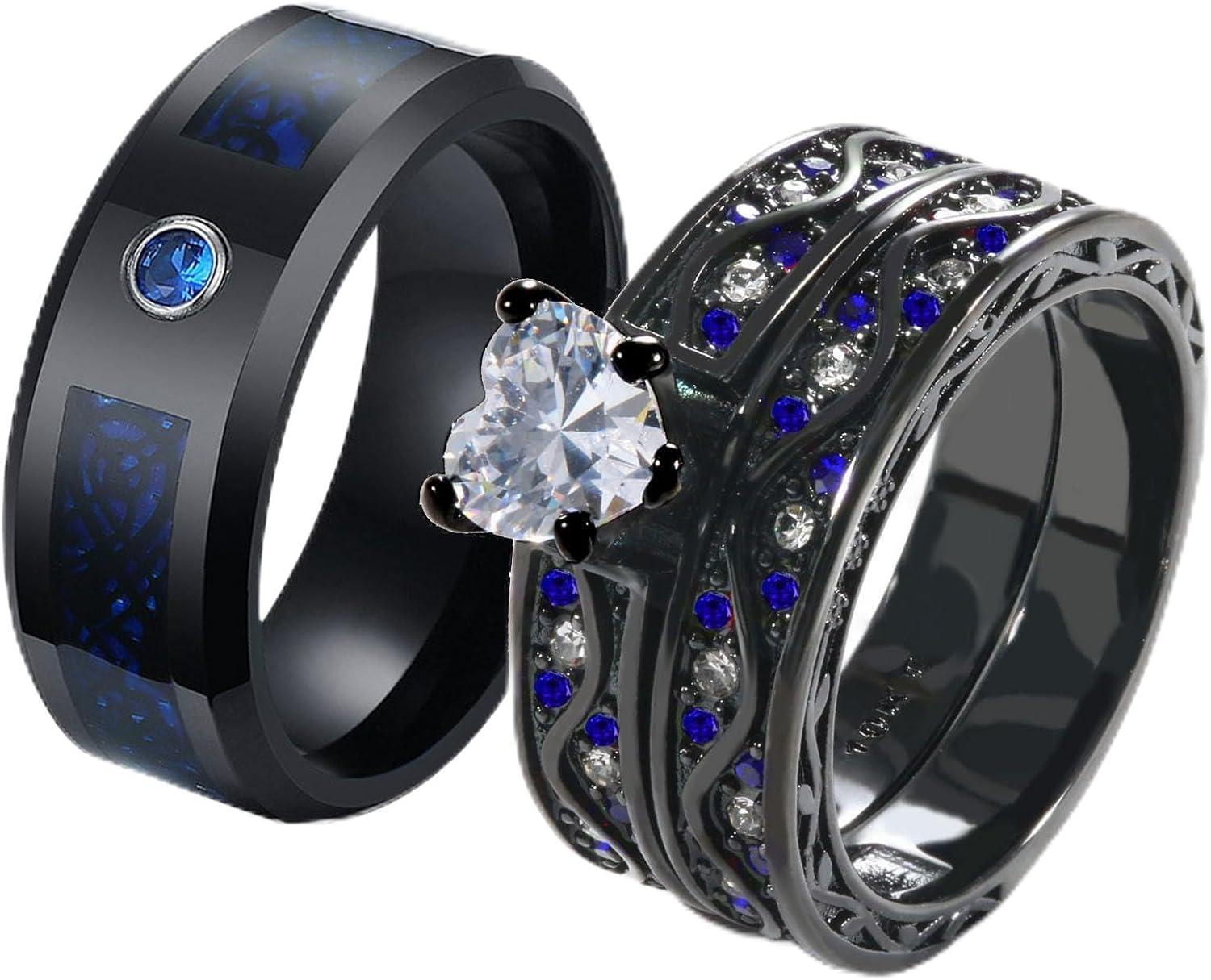 Couple Rings Black and Red Matching Rings His and Her Rings Heart CZ Women Wedding Ring Sets Titanium Men Wedding Bands