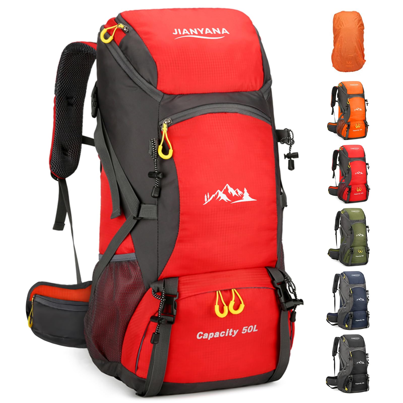 jianyana Hiking Backpack Waterproof 50L Foldable Rucksack Durable Lightweight Camping Bag with Rain Cover for Camping Trekking Hiking Walking Cycling Climbing Outdoor Sports for Women Men Red