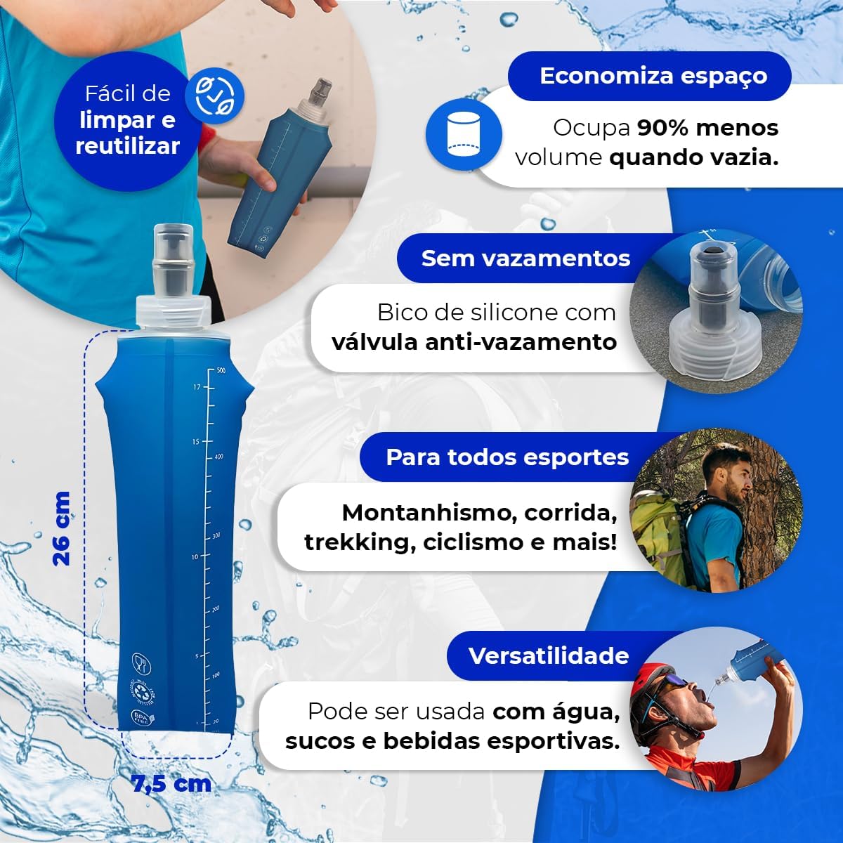 Garrafa de Água Dobrável 500ml Corrida Portátil Esportiva Flexível Silicone Bico Antivazamento BPA Free Bike Ciclismo Camping (Azul) Garrafa de Água Dobrável 500ml Corrida Portátil Esportiva Flexível Silicone Bico Antivazamento BPA Free Bike Ciclismo Camping (Azul)