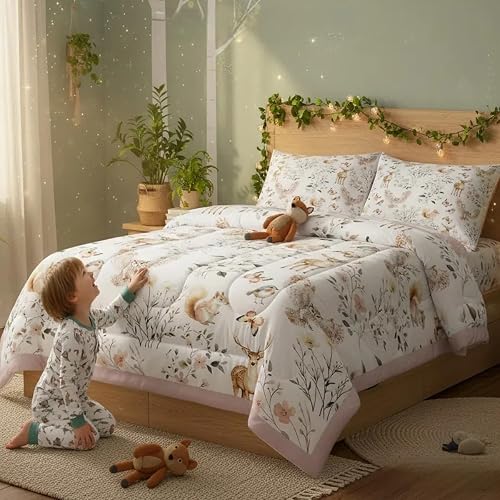 Feelyou Jungle Animal Kids Comforter Set Queen Size Deer Bedding Set Cabin