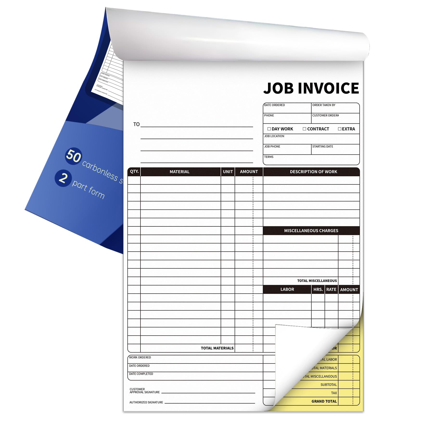 Formularios De Factura Trabajo Autocopiativos, Pulgadas, 2 Partes Con Copia Al Carbono, 50 Juegos Tablero Trasero (1), 7.5 X 11