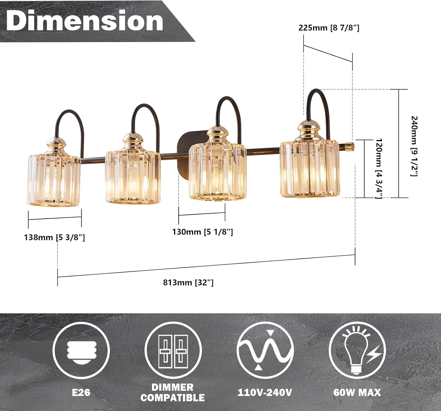 ExBrite 4-Light Bathroom Light Fixtures, Crystal Vanity Lights for Bathroom Modern Wall Light Fixture Above Mirror