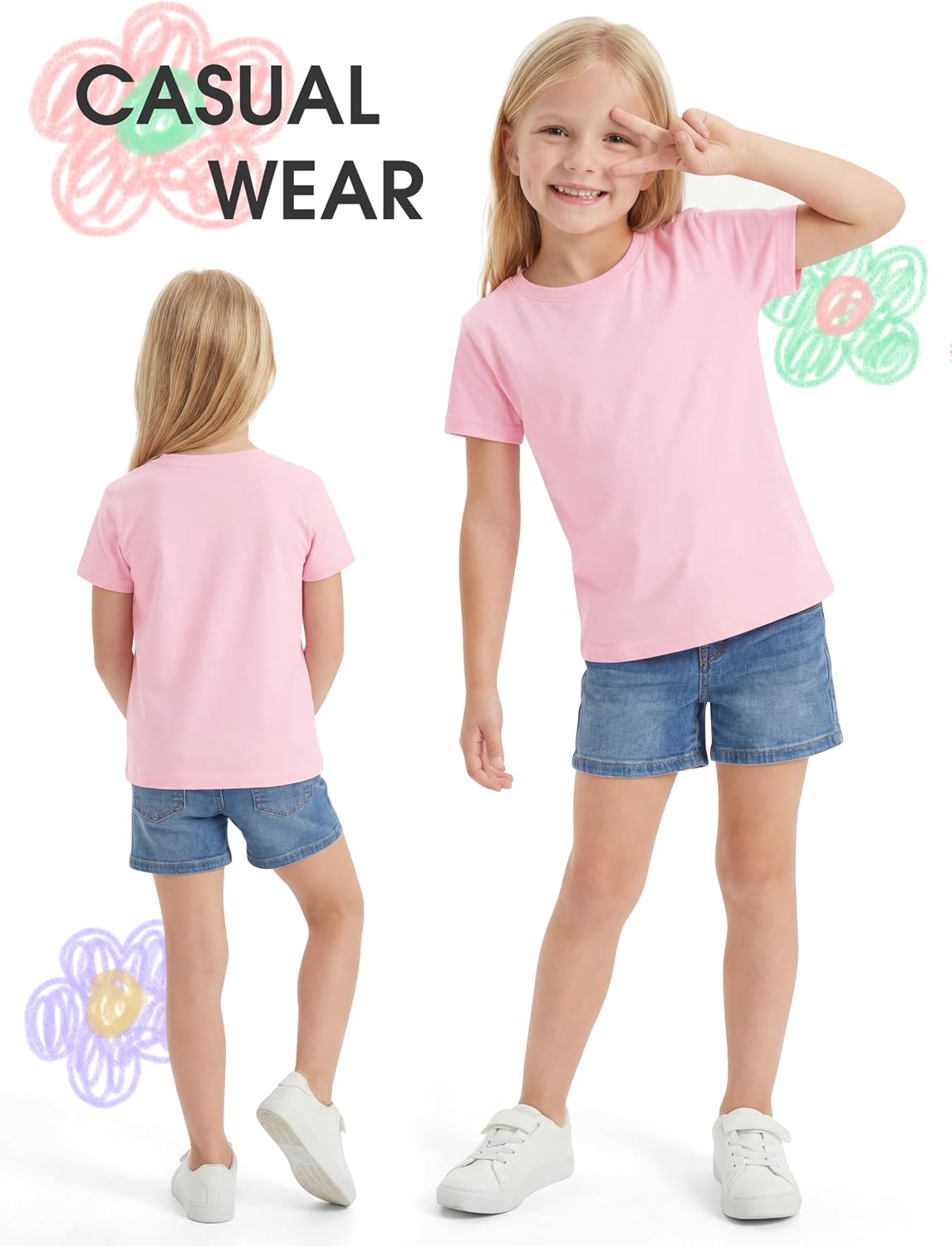 Poroka 5 Pack Girls Shirts Cotton Short Sleeve Shirts for Girls Kids Tshirts Summer Tops Tees
