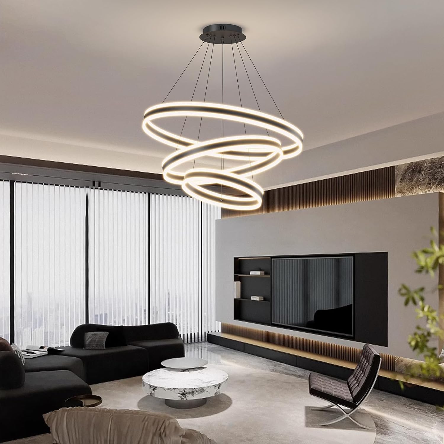 3 Ring Circular LED Pendant Chandelier, Modern Black Ceiling Light, Dimmable 3000K-6500K Hanging Light Fixture for Dining Room, Kitchen Island, Living Room, Studyroom, with Remote Control