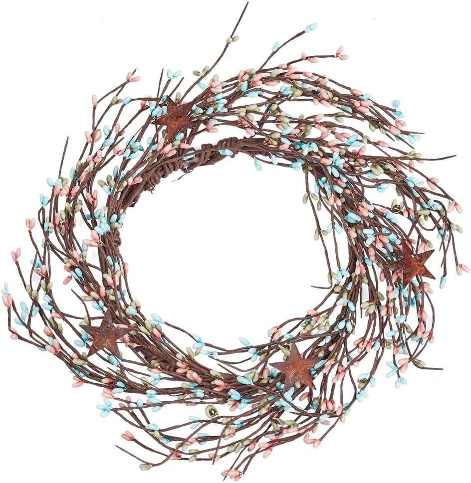 Artificial Springtime Pip Berry Wreath with Rusty Stars – Spring and Summer Rustic Berry Wreath Ring for Farmhouse Home Decor, Entryway Doors or Centerpiece Decorations (Size: 12" diam)
