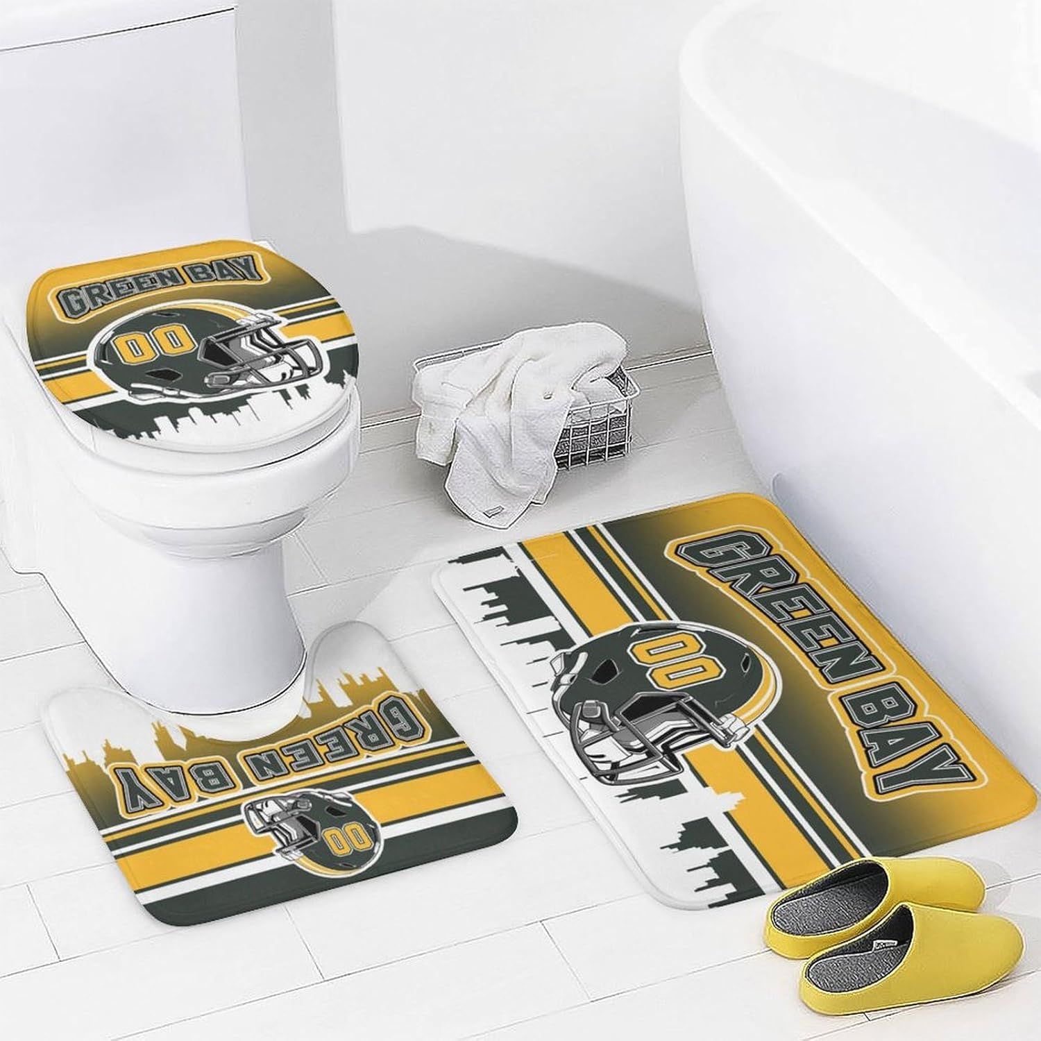 Custom 4PCS Green Bay Shower Curtain Set for Bathroom Personalized Name and Number Shower Curtain Bath Mat Toilet Mats for Women Men Teenager Boys 72 Inch X 72 Inch