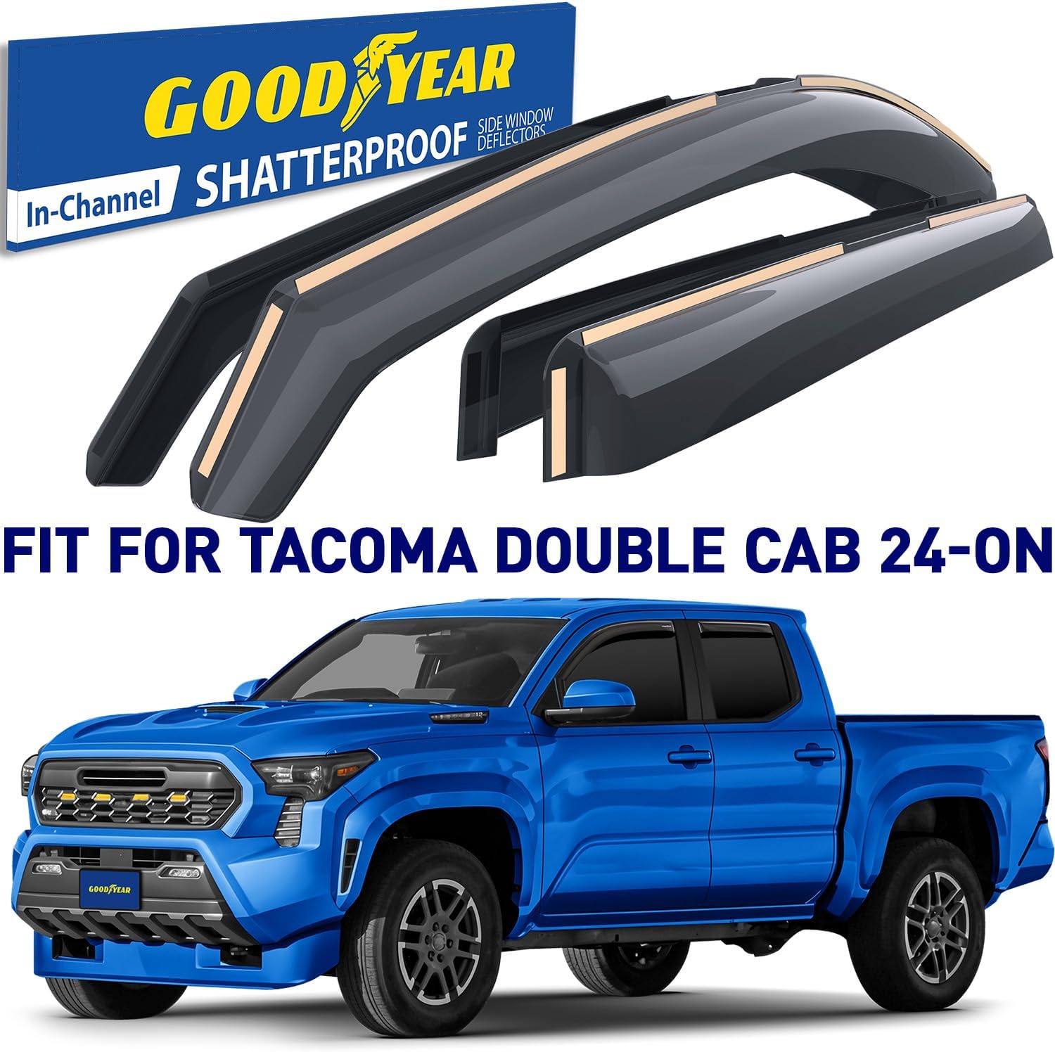 Goodyear Shatterproof in-Channel Window Deflectors for Toyota Tacoma 2024-2026 Double Cab, Rain Guards, Window Visors for Cars, Vent Deflector, Car Accessories, 4 pcs - GY008050