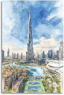 Burj Khalifa Watercolor Print Dubai Skyline Wall Art Pastel Cityscape Painting Arabic Architecture Sketch Poster Canvas Print 12x18inch(30x45cm) Unframe-style