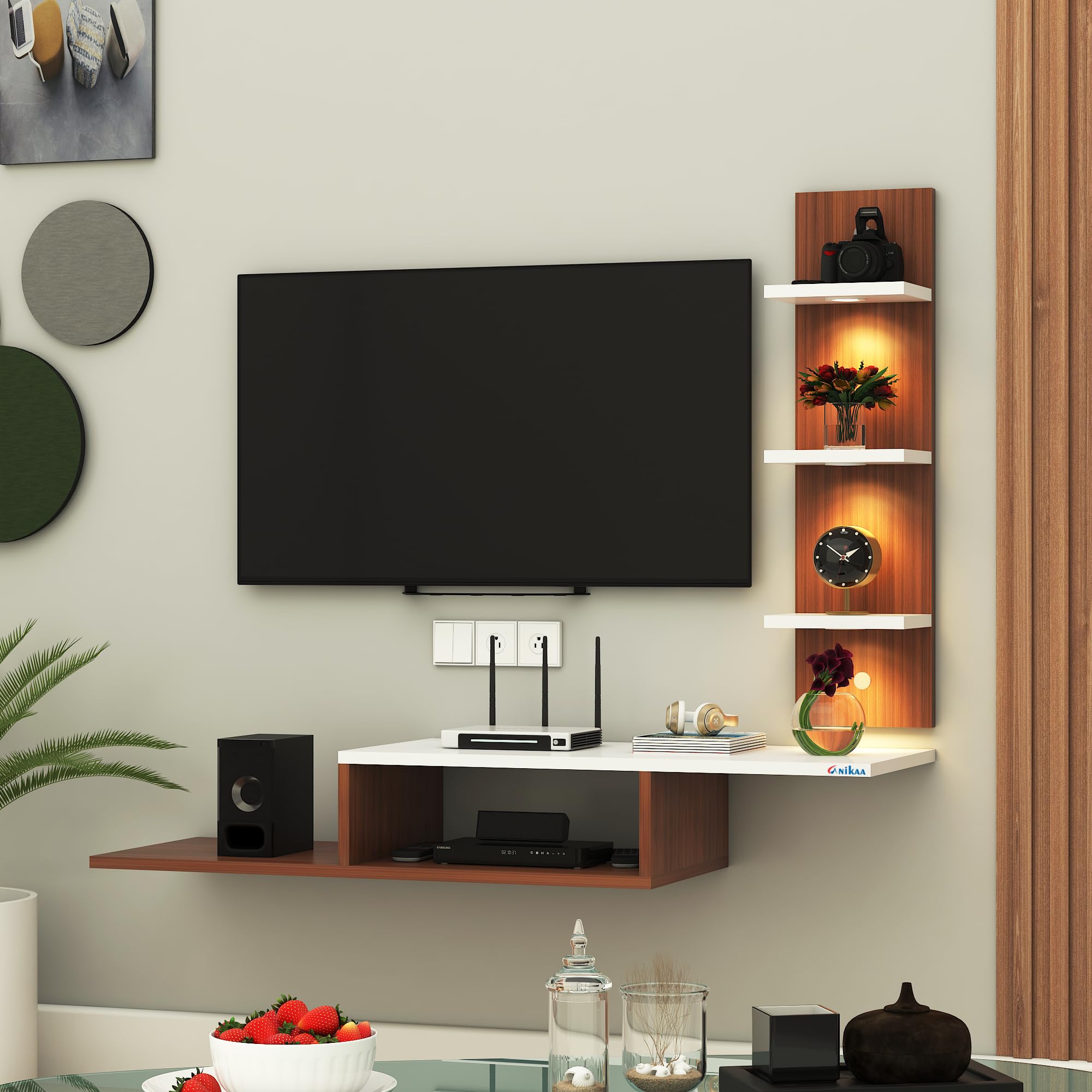 Anikaa LED Light TV Unit Wall Mounted TV Unit Wall TV Stand TV Cabinet for Living Room, Set Top Box Stand - Walnut/White (D.I.Y - Do-It-Yourself) Ideal for up to 43" inches