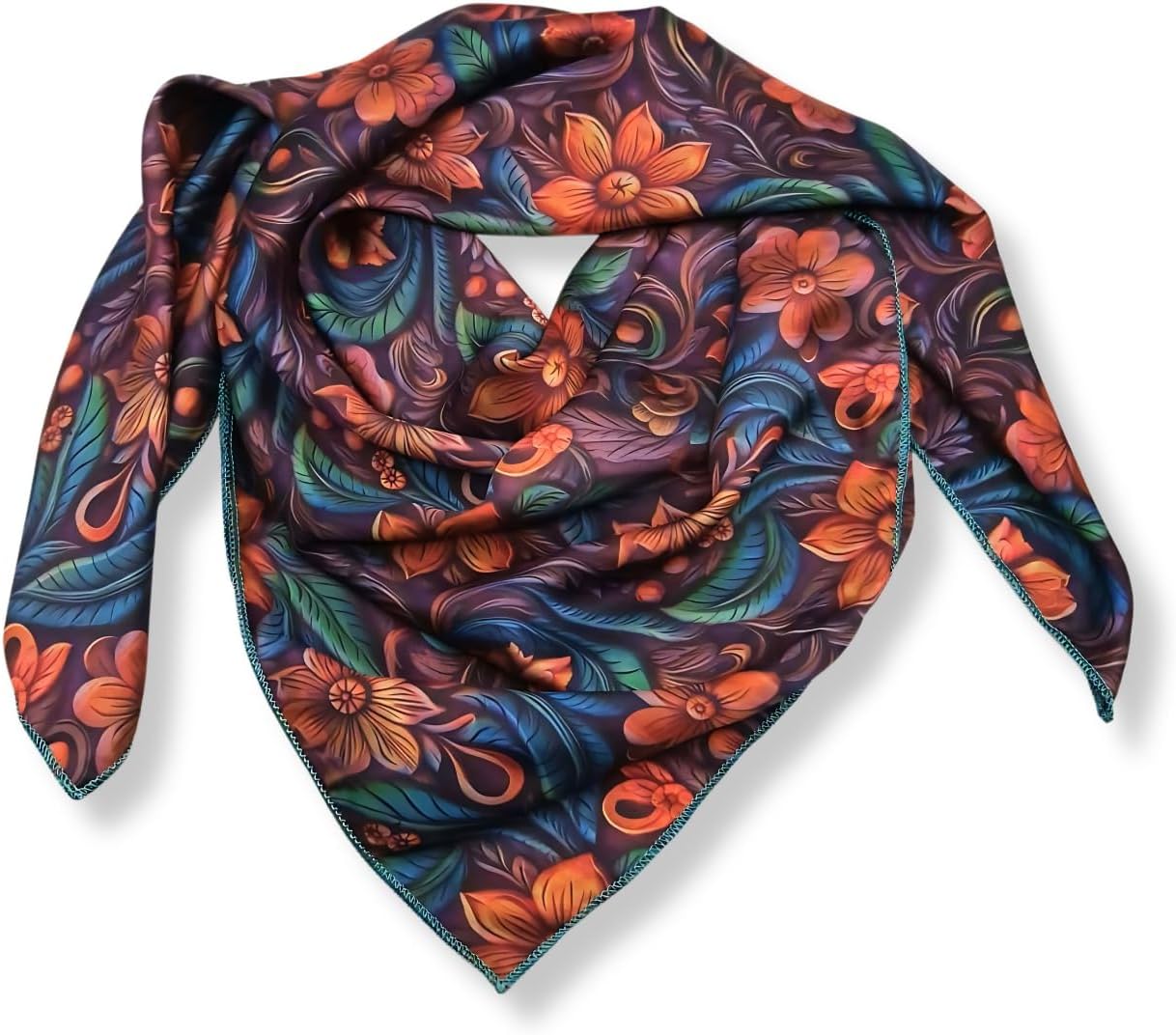 Wild Rag Silk Scarf 36 inch Western Cowboy Bandana Square Silky Wild Rags,Teal,Blue & Purple Tooling Leather Tribal Scarves for Men & Women