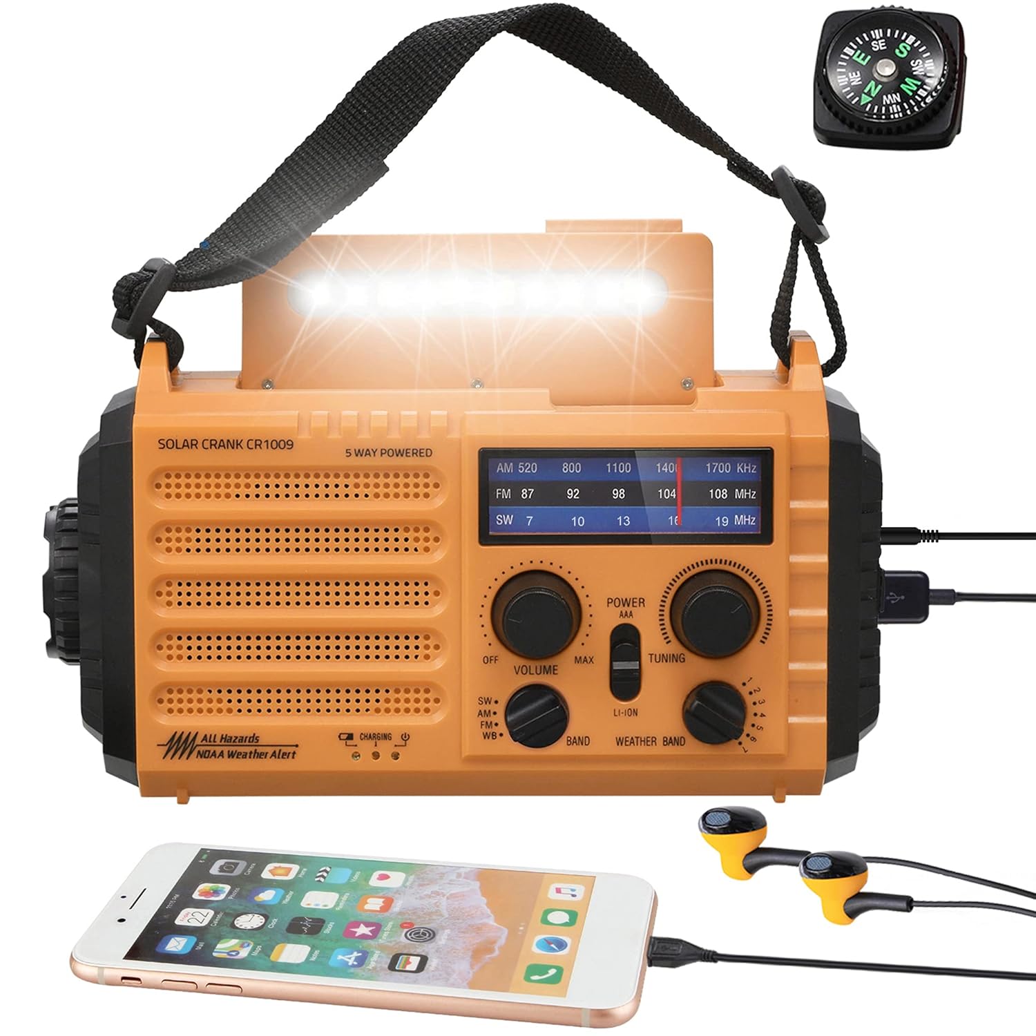 NOAA Weather Radio AM FM Shortwave 5 Way Powered Emergency Radio 5000mAh 18500mWh Battery Backup Solar Crank Portable