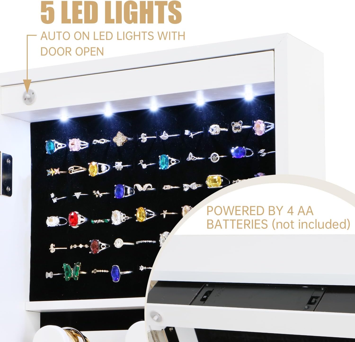 full length mirror jewelry cabinet organizer lockable door wall-mounted jewelry armoire with shelves and behind-the-door storage - white off white 43.3*12.4 standard mirror